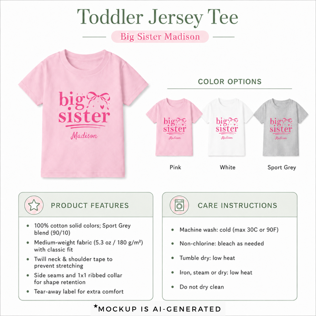 Personalized coquette Big Sister toddler t-shirt detail - cute bow design pregnancy announcement gift with custom name