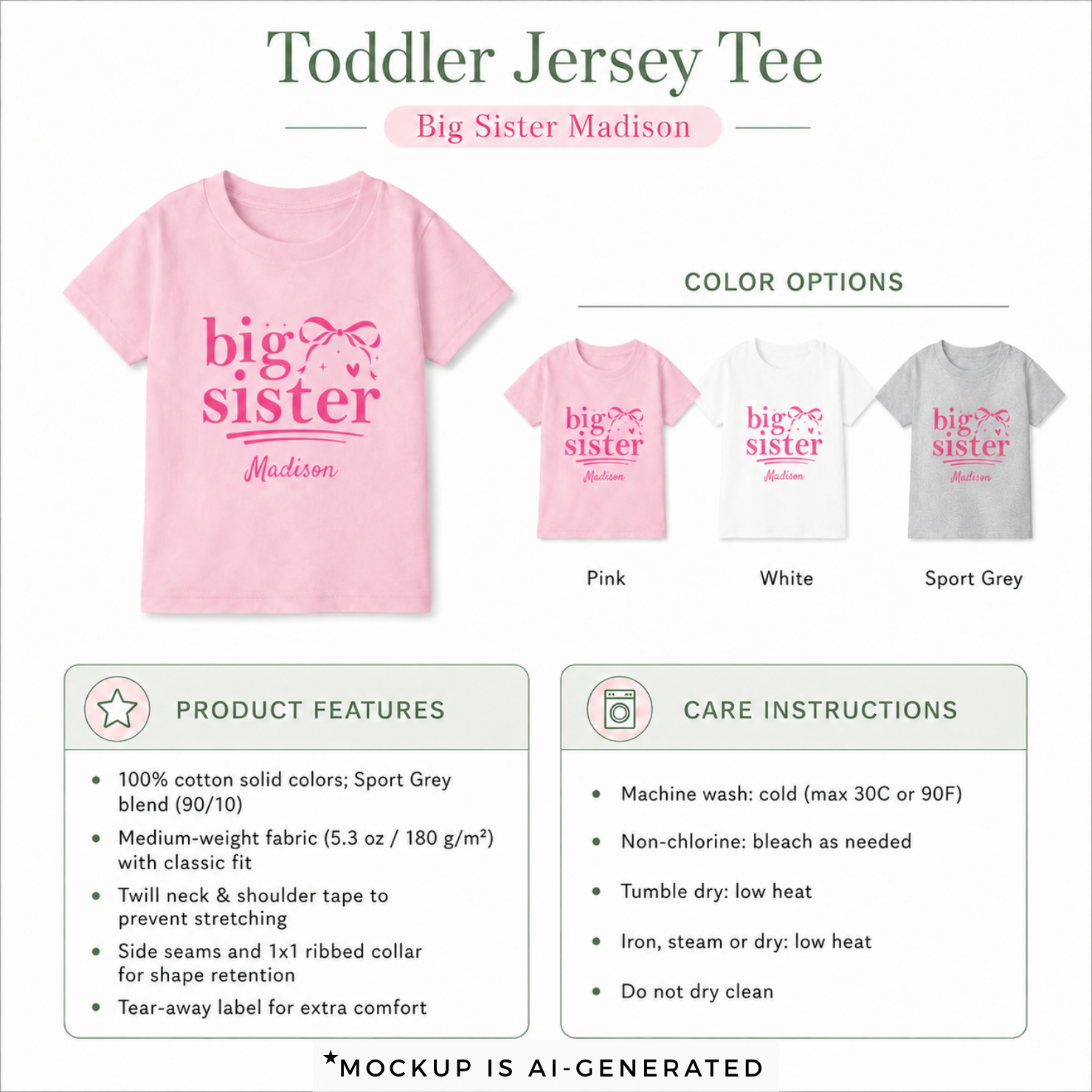 Personalized coquette Big Sister toddler t-shirt detail - cute bow design pregnancy announcement gift with custom name