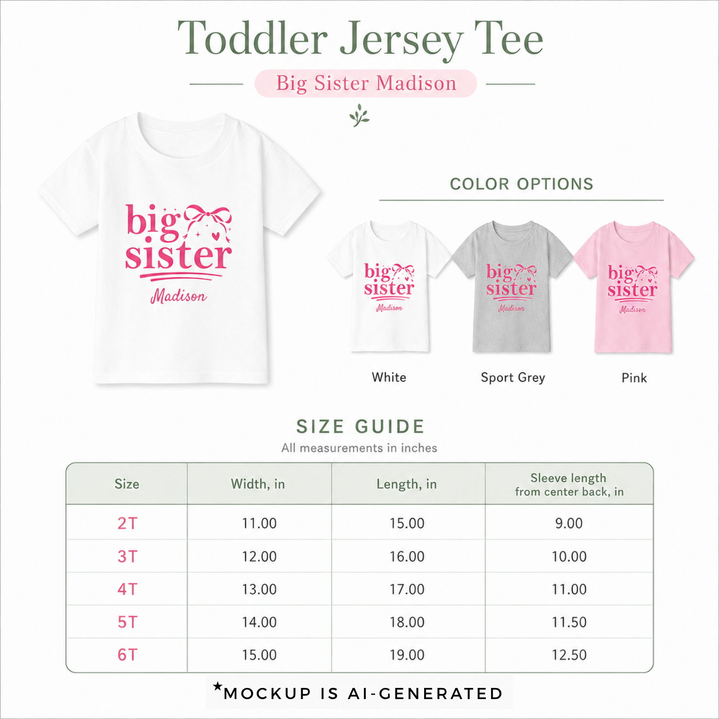Big Sister coquette personalized shirt size guide - available in 2T 3T 4T 5T and 6T in white sport grey and light pink