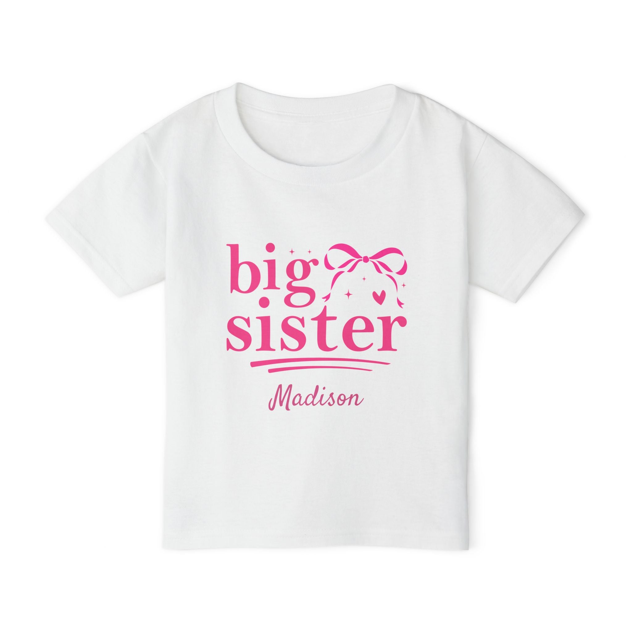 Big Sister coquette bow personalized shirt in white - bold hot pink design with bow sparkles hearts and custom name on toddler t-shirt
