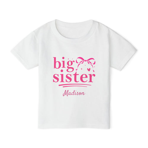 Big Sister coquette bow personalized shirt in white - bold hot pink design with bow sparkles hearts and custom name on toddler t-shirt
