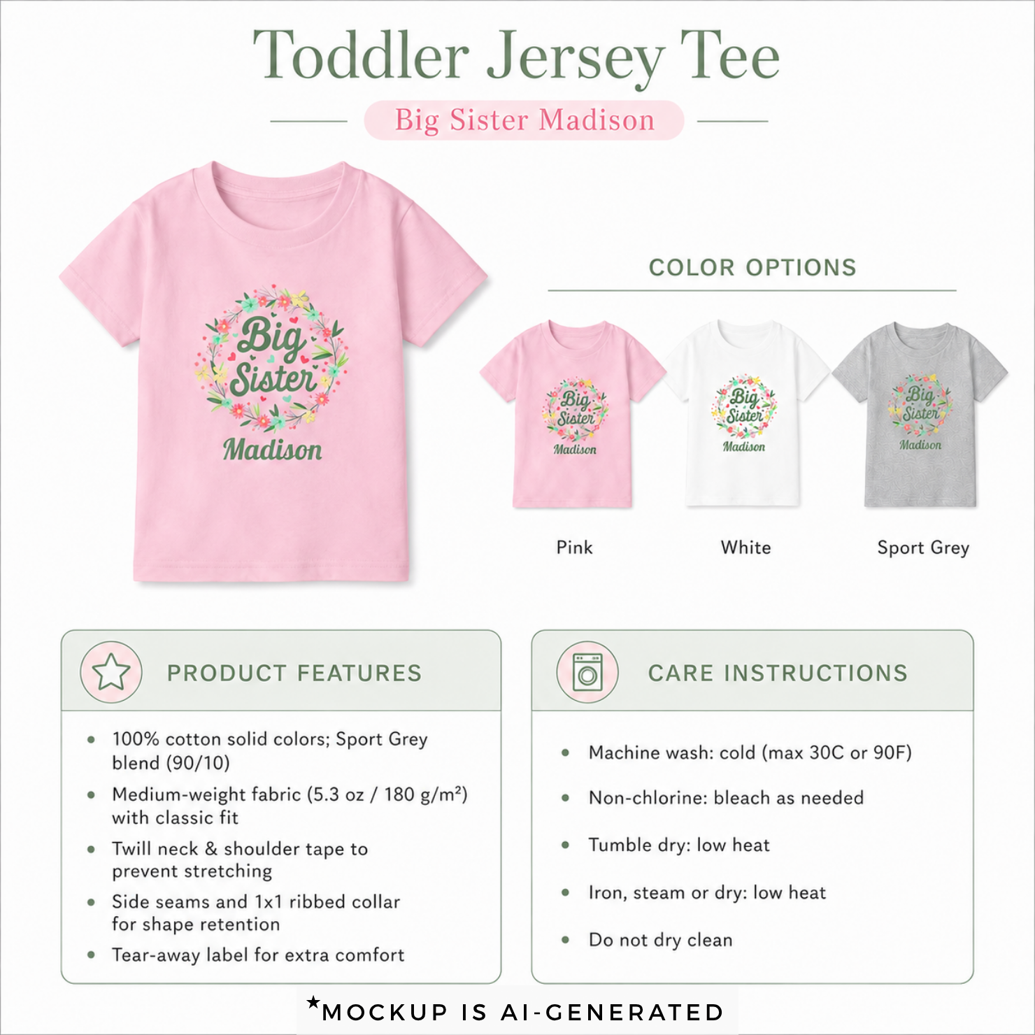 Personalized toddler Big Sister t-shirt detail - cute floral wreath pregnancy announcement gift with custom name