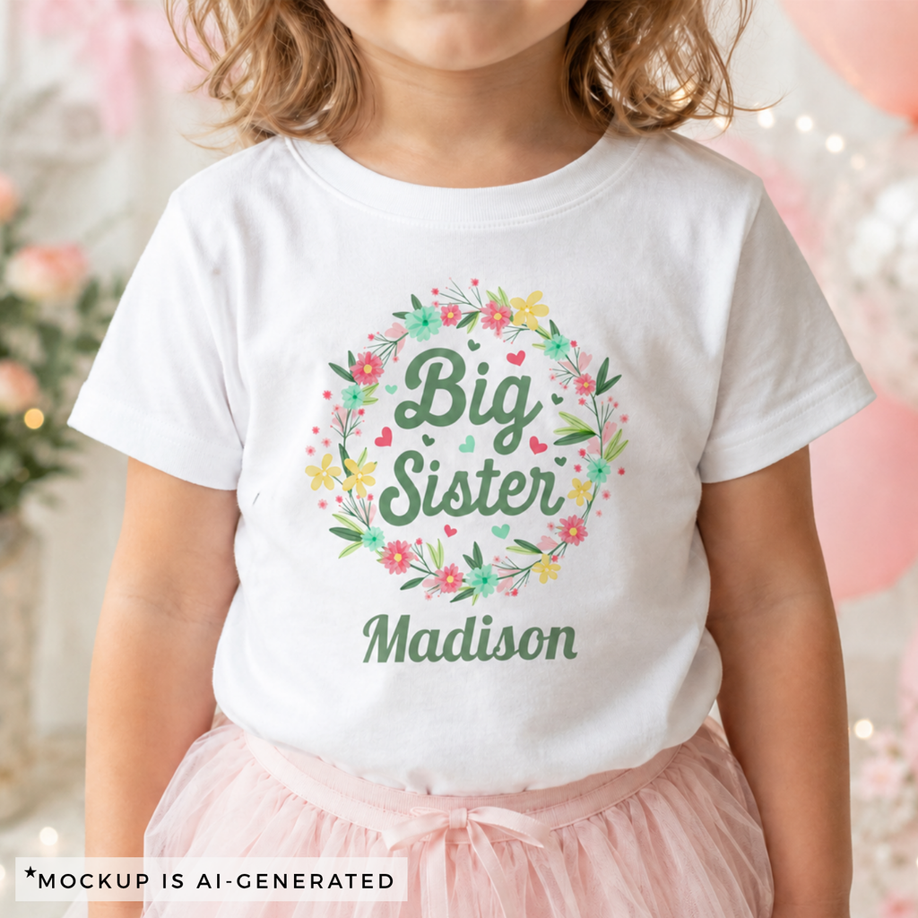 Big Sister personalized toddler shirt flat lay - floral wreath with custom name in white color