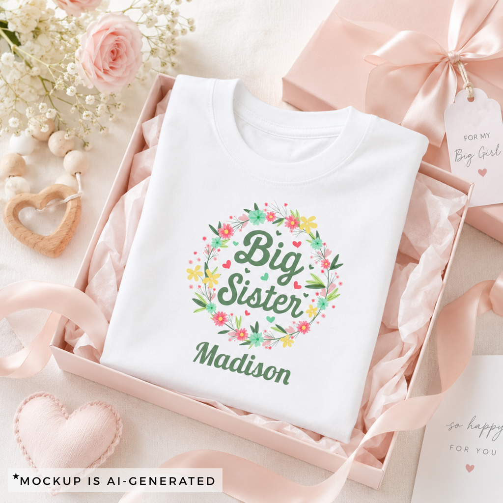 Personalized Big Sister shirt in light pink - sweet floral design with childs name for pregnancy announcement reveal