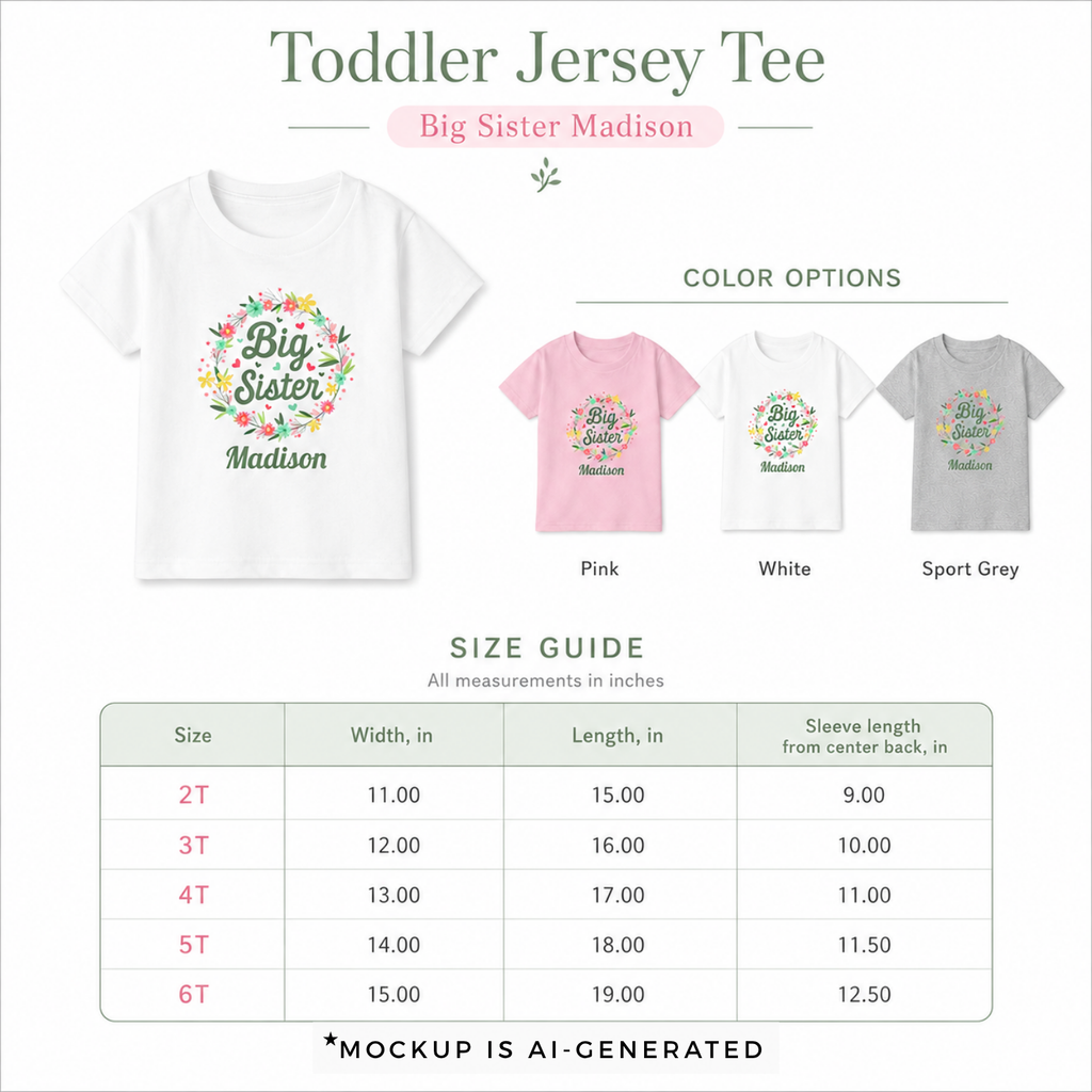Big Sister personalized shirt size guide - available in 2T 3T 4T 5T and 6T in white sport grey and light pink
