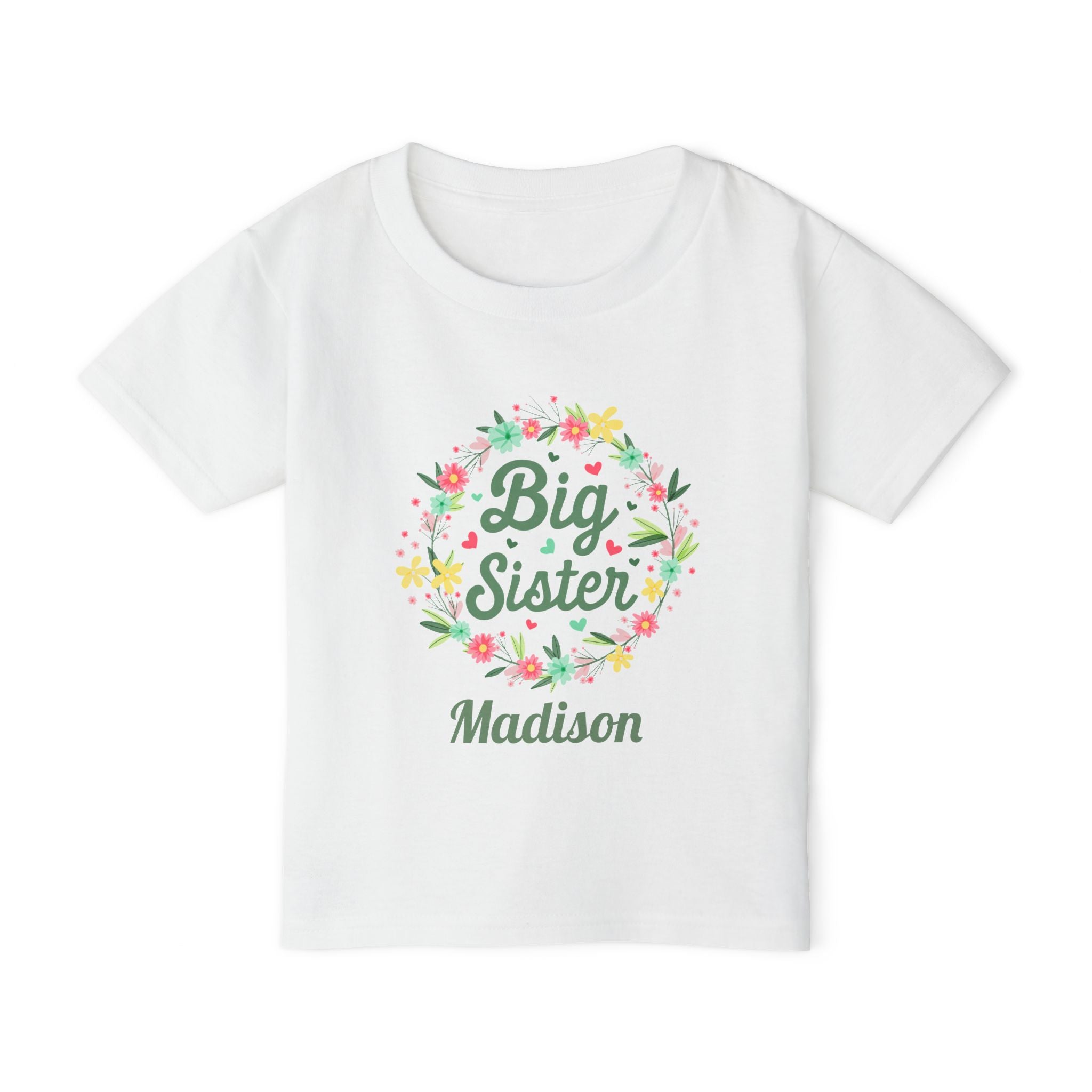 Personalized Big Sister shirt in white - floral wreath design with colorful blooms hearts and custom name in green script on toddler t-shirt