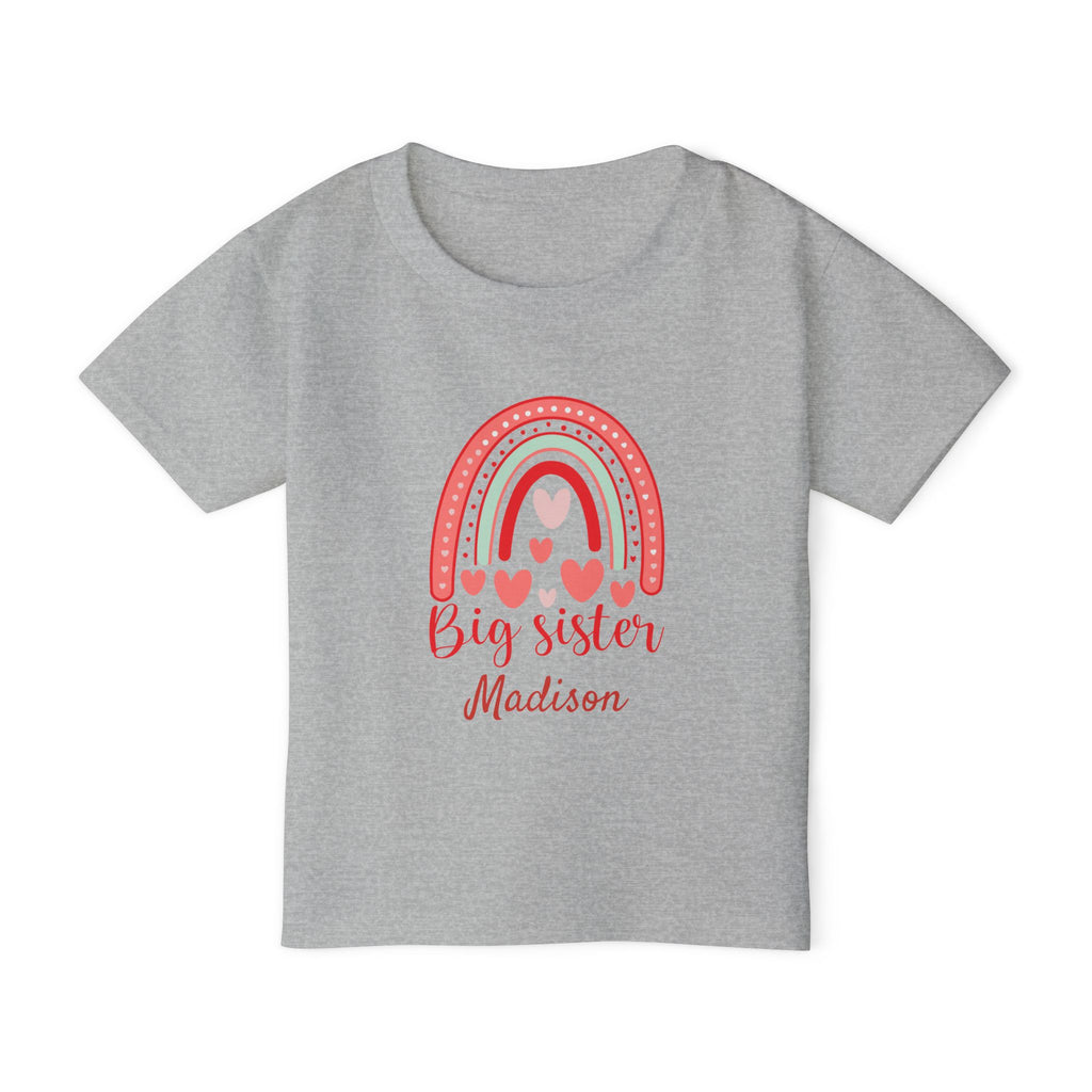 Close-up of Big Sister rainbow hearts shirt design - boho coral mint rainbow with falling hearts and personalized name