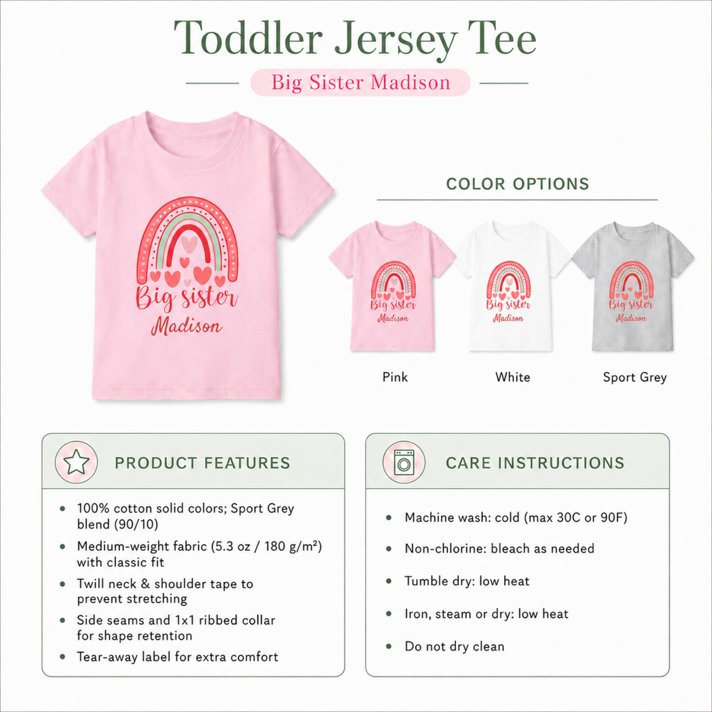 Personalized Big Sister rainbow toddler t-shirt detail - sweet boho design pregnancy announcement gift with custom name