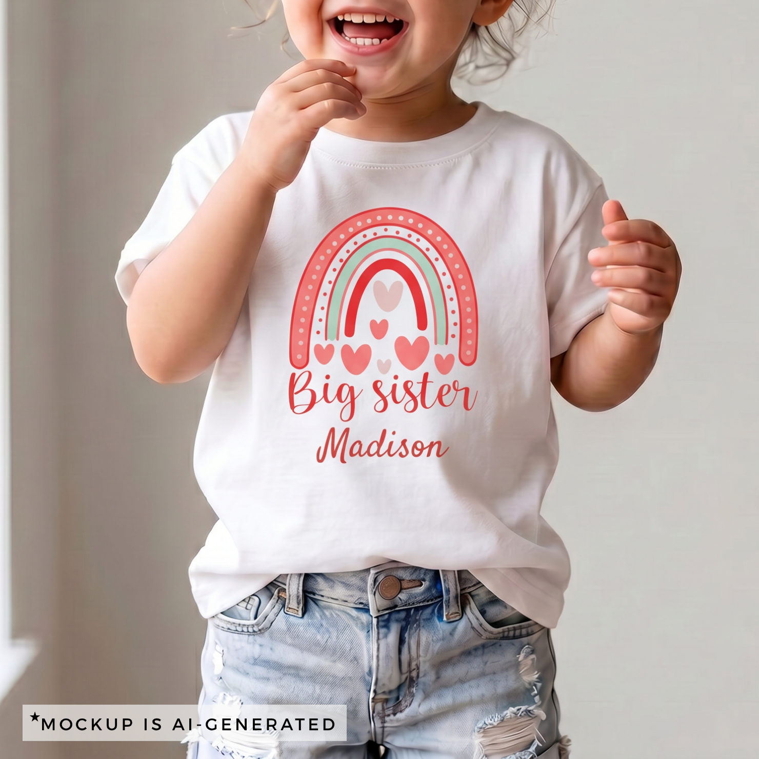 Big Sister rainbow shirt flat lay in white - coral mint rainbow design with hearts and script name