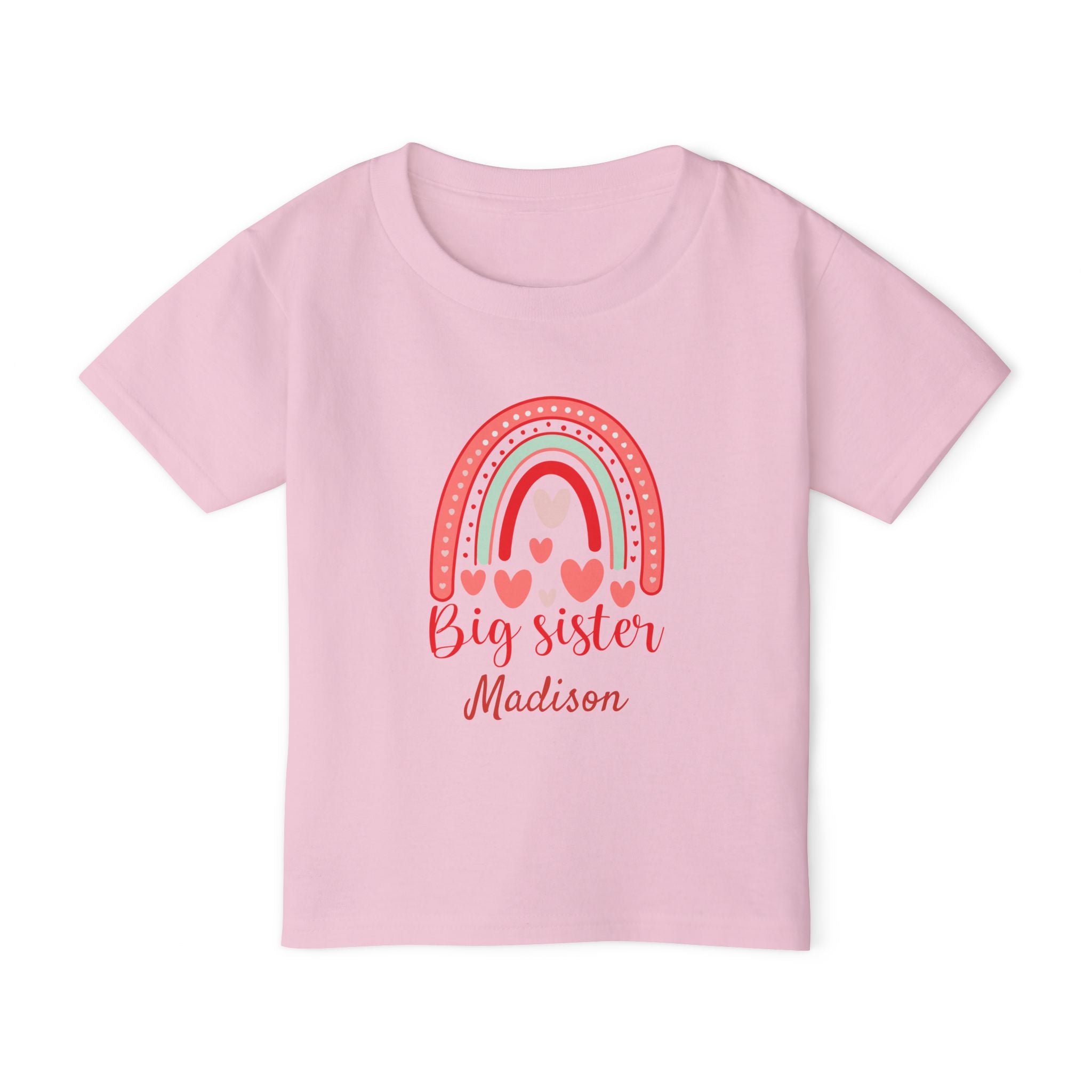 Personalized Big Sister toddler shirt in sport grey - rainbow hearts pregnancy announcement or sibling reveal gift