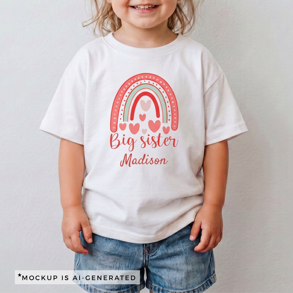 Big Sister rainbow hearts shirt in light pink - boho design with coral mint rainbow and personalized name