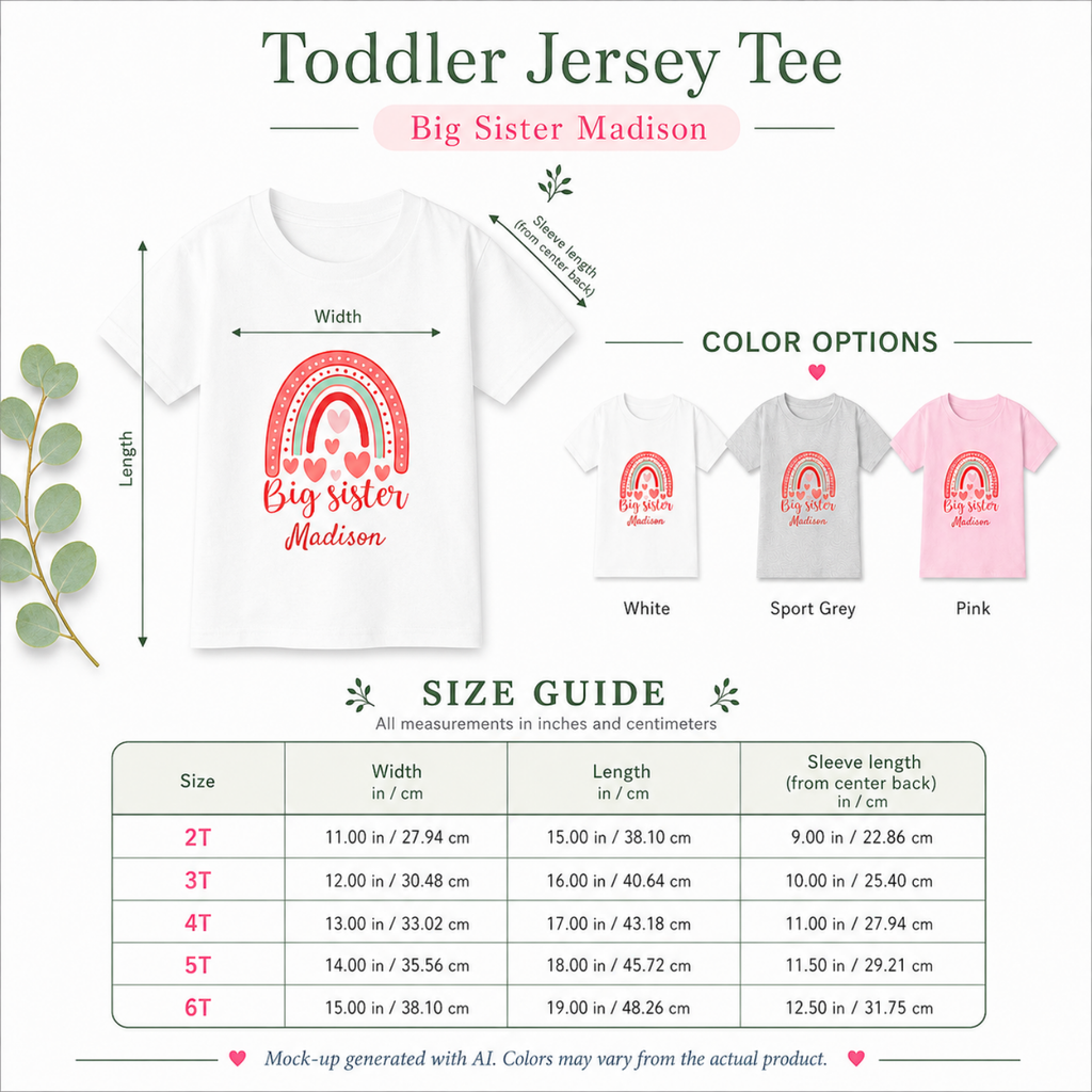 Big Sister rainbow personalized shirt size guide - available in 2T 3T 4T 5T and 6T in white sport grey and light pink