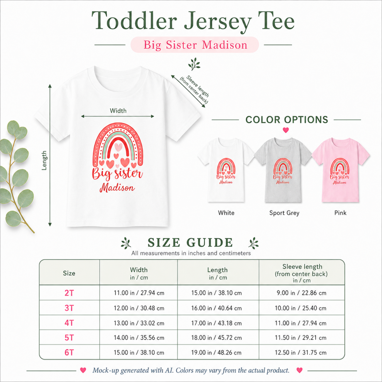 Big Sister rainbow personalized shirt size guide - available in 2T 3T 4T 5T and 6T in white sport grey and light pink
