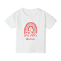Big Sister rainbow hearts personalized shirt in white - coral mint rainbow with hearts and custom name in script font on toddler t-shirt