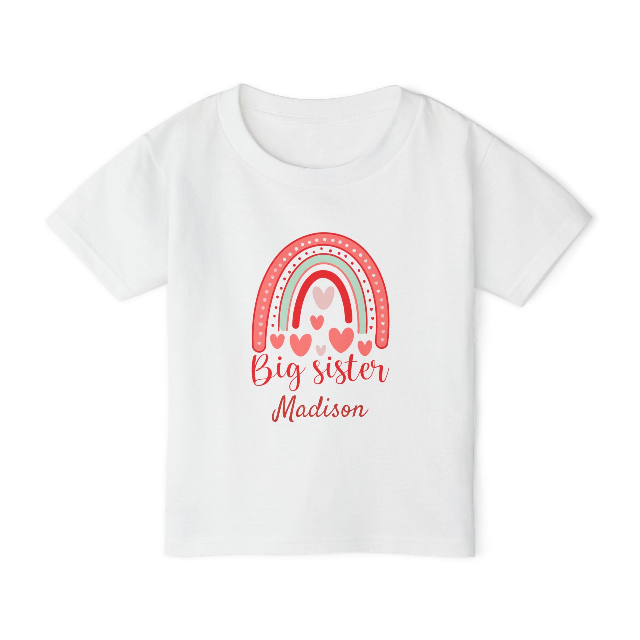 Big Sister rainbow hearts personalized shirt in white - coral mint rainbow with hearts and custom name in script font on toddler t-shirt