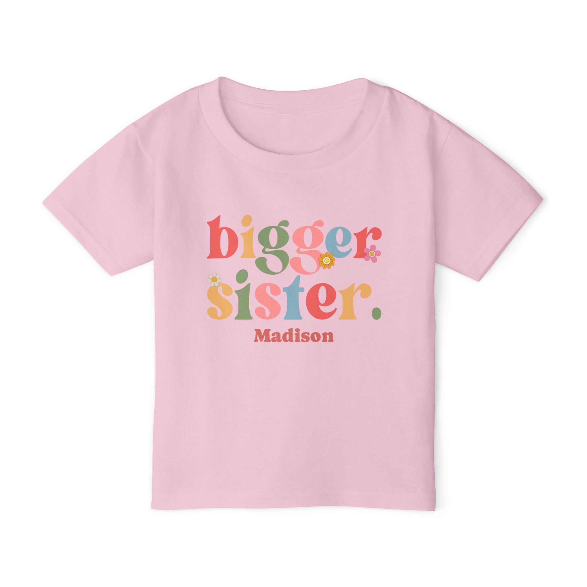 Close-up of Bigger Sister colorful shirt design - mixed-font orange red green blue pink letters with flower accents and personalized name