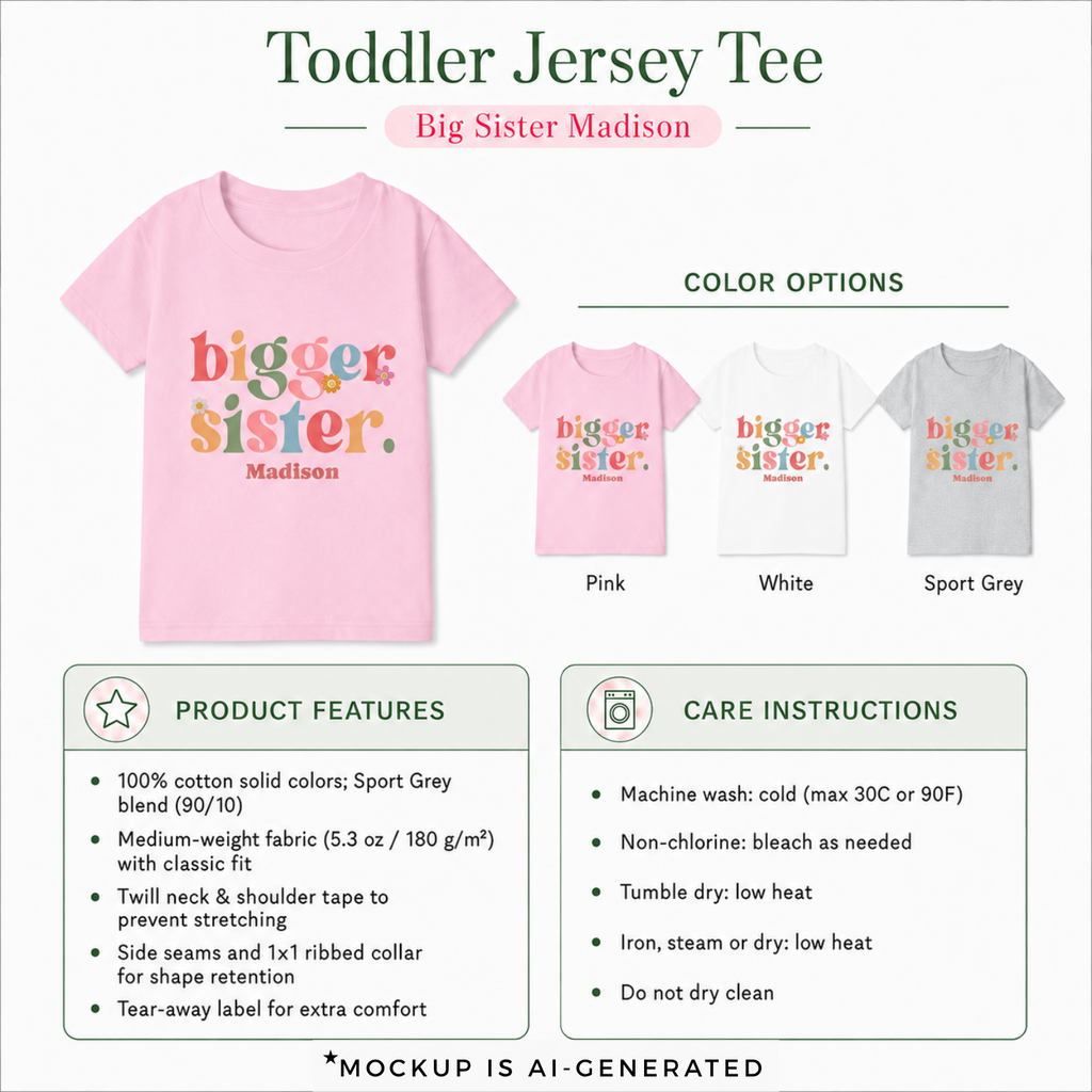 Personalized Bigger Sister colorful toddler t-shirt detail - fun design pregnancy announcement gift for oldest sister with custom name