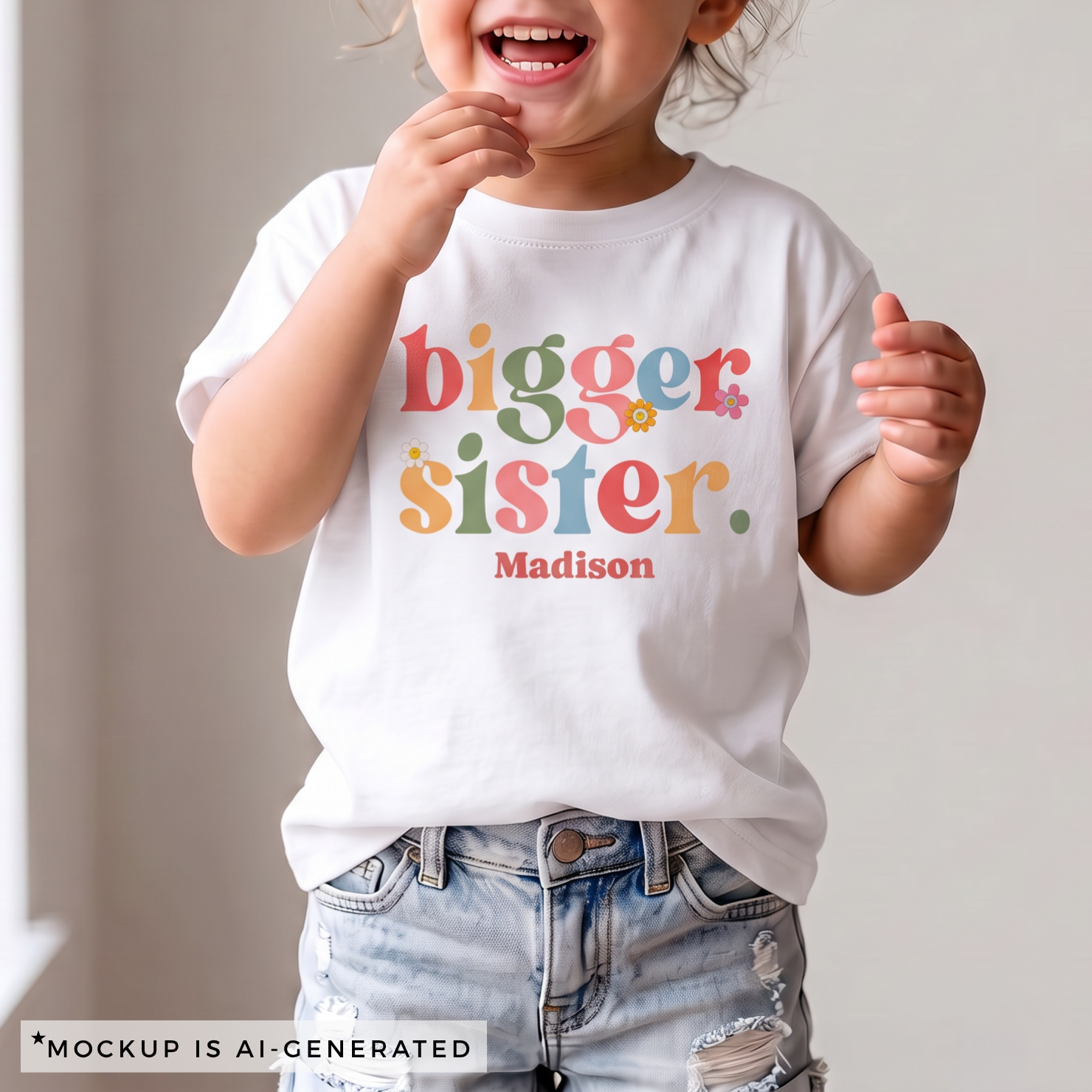 Bigger Sister colorful shirt flat lay in white - mixed color typography with daisy accents and personalized name below