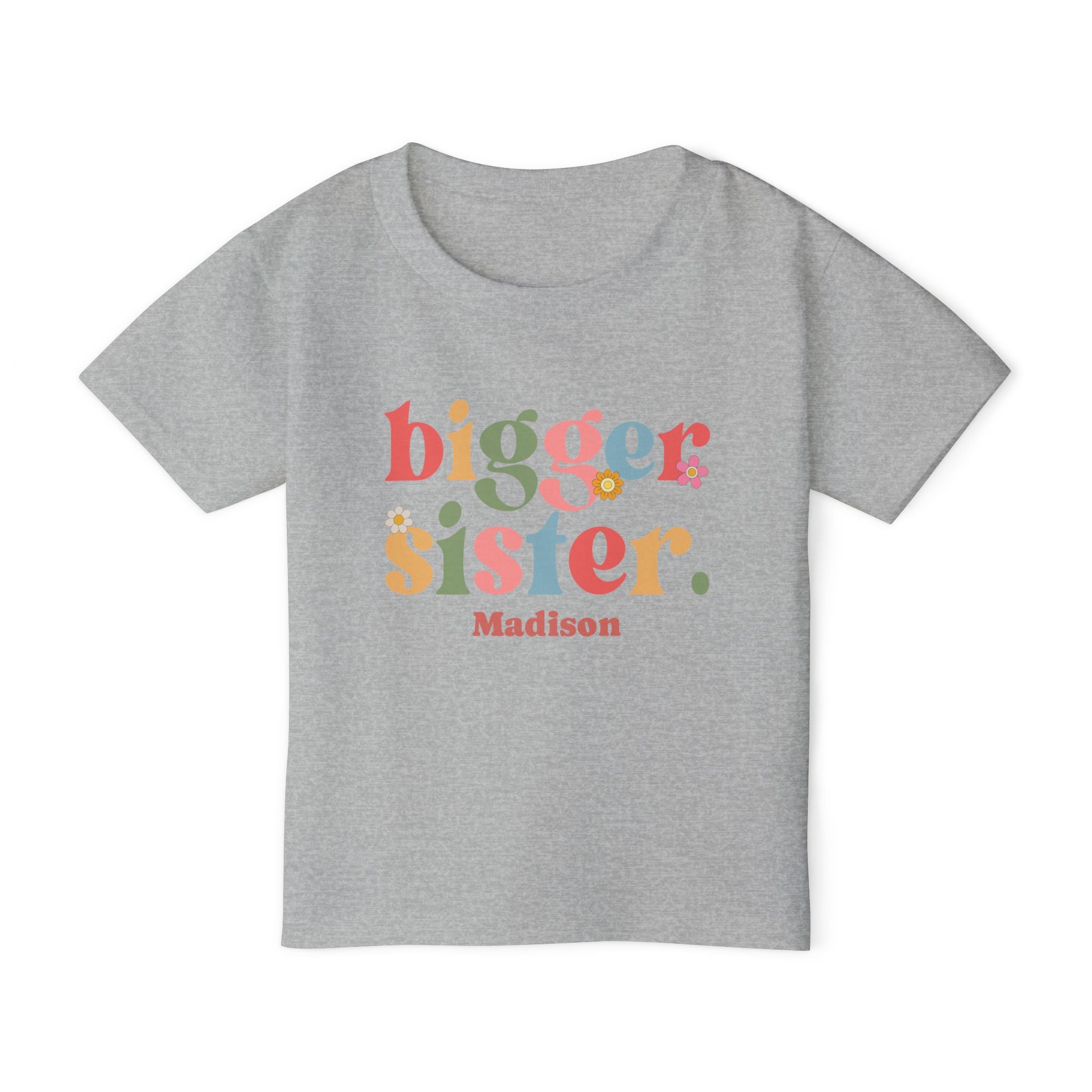 Bigger Sister colorful personalized shirt in sport grey - fun mixed color design pregnancy announcement or sibling reveal gift