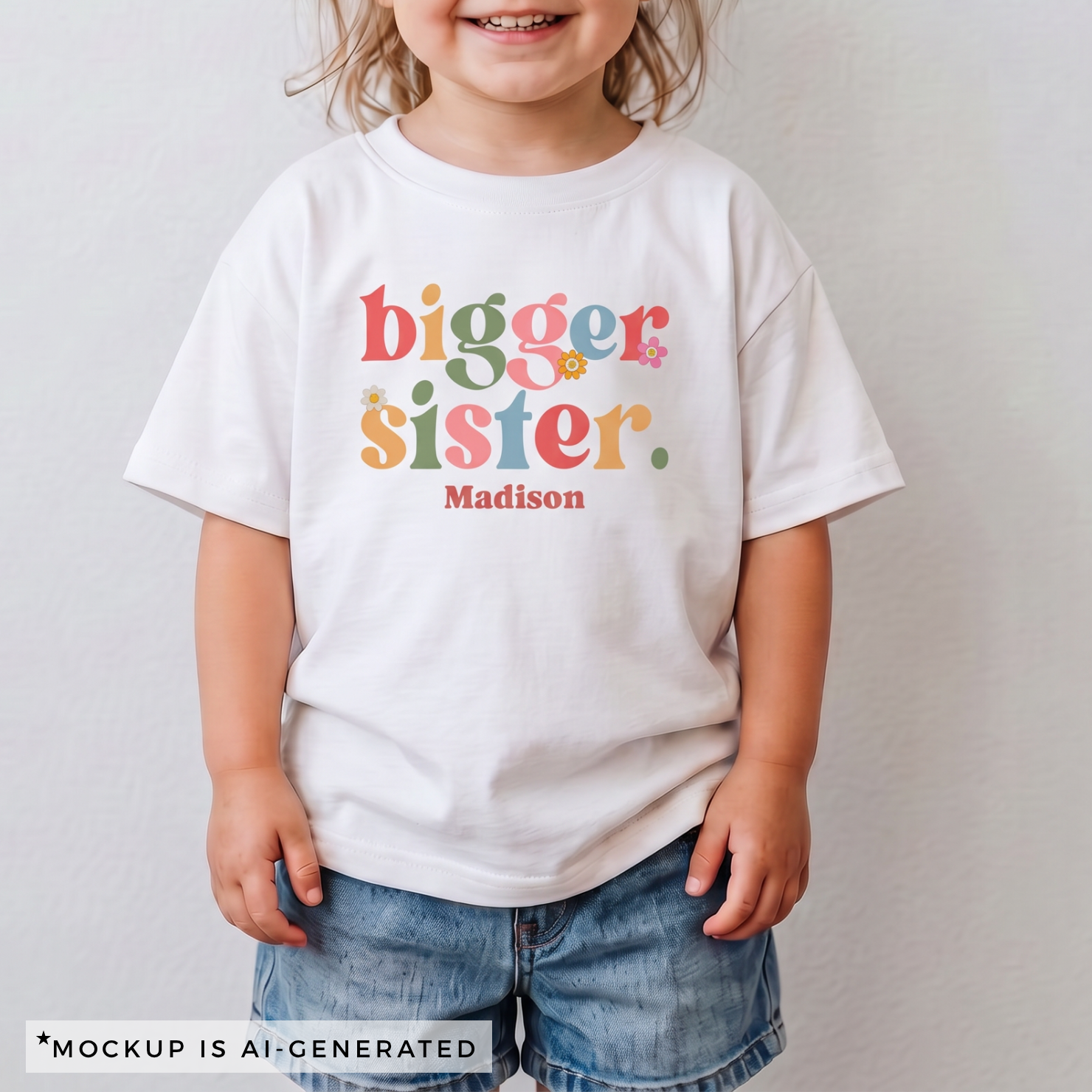 Bigger Sister shirt in light pink - colorful mixed-font design with flower accents and custom child name