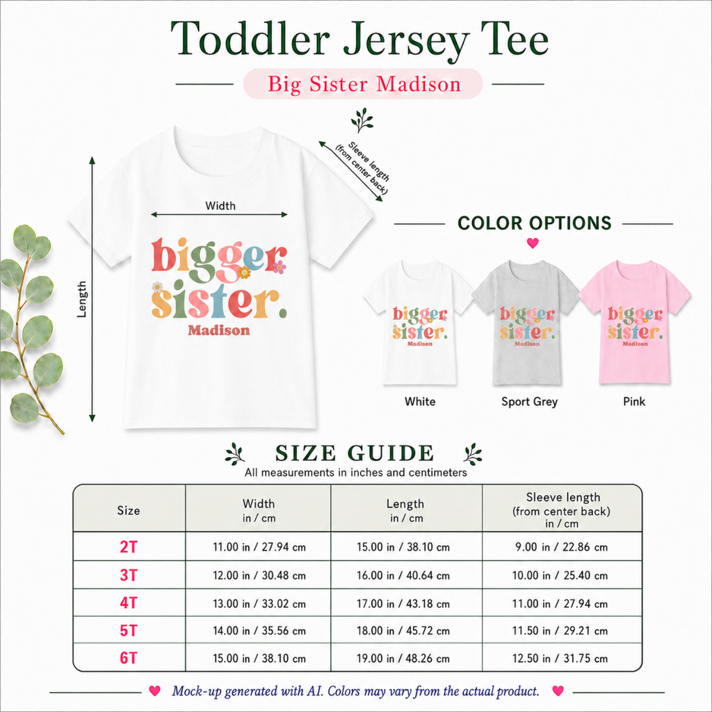 Bigger Sister colorful personalized shirt size guide - available in 2T 3T 4T 5T and 6T in white sport grey and light pink