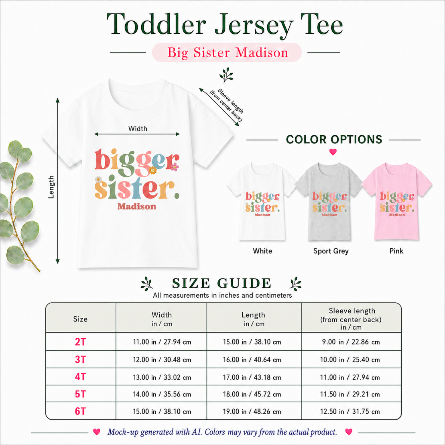 Bigger Sister colorful personalized shirt size guide - available in 2T 3T 4T 5T and 6T in white sport grey and light pink