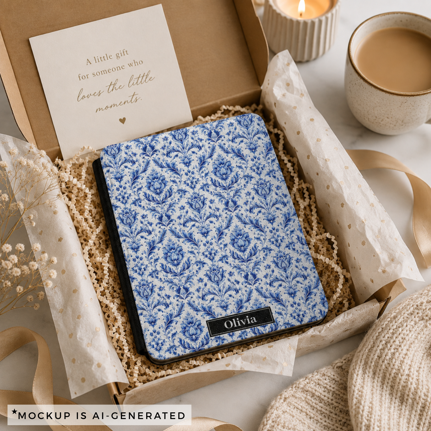 Close-up of blue white damask Kindle cover - intricate Delft inspired floral and scrollwork pattern in cobalt blue