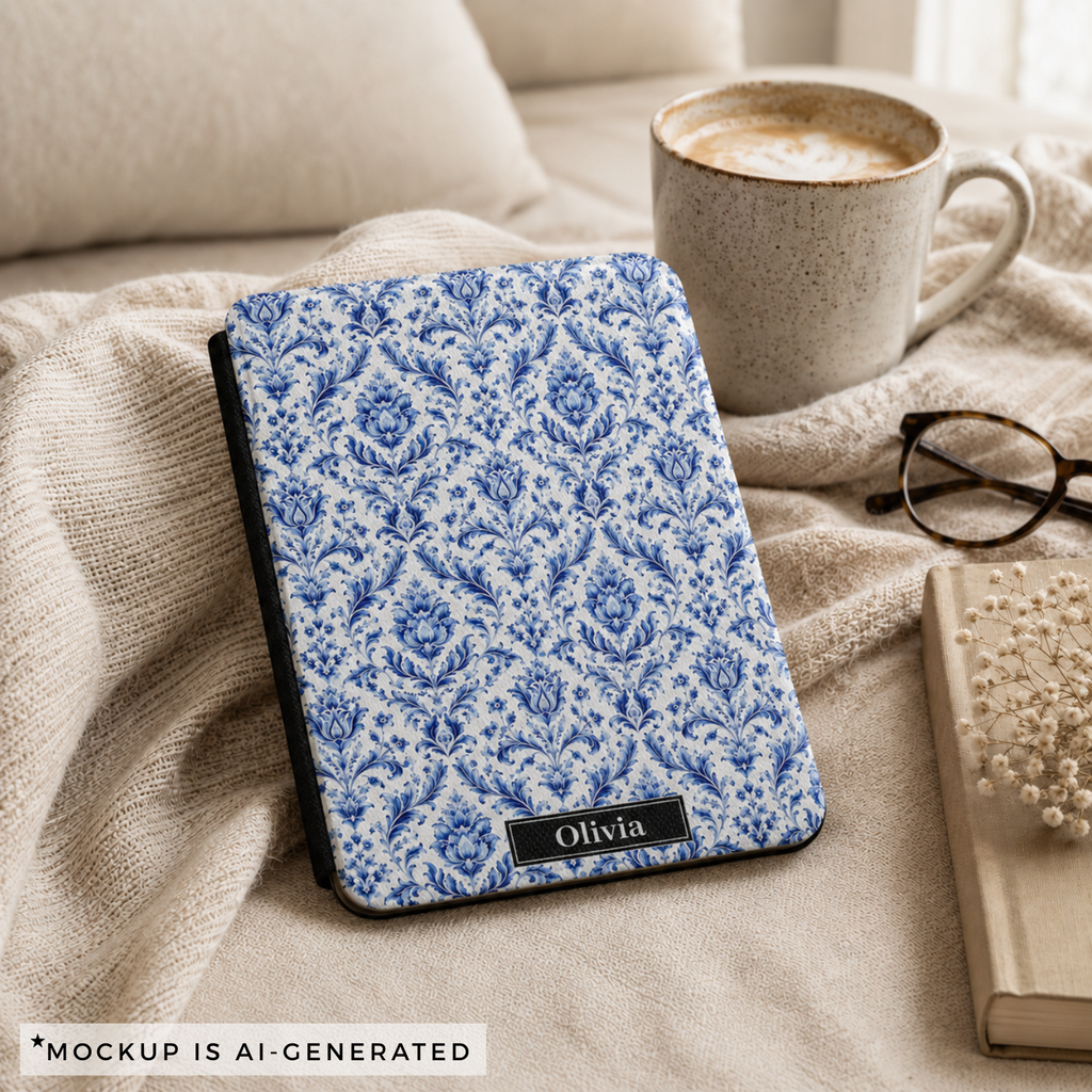 Blue white damask Kindle Paperwhite cover flat lay - cobalt blue ornamental floral pattern on white with personalized initials