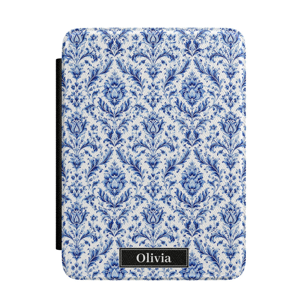 Blue and white damask personalized Kindle cover - Delft chinoiserie floral pattern with ornamental tulips and scrolling foliage with custom initials in black nameplate