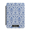 Blue and white damask personalized Kindle cover - Delft chinoiserie floral pattern with ornamental tulips and scrolling foliage with custom initials in black nameplate