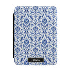 Blue and white damask personalized Kindle cover - Delft chinoiserie floral pattern with ornamental tulips and scrolling foliage with custom initials in black nameplate