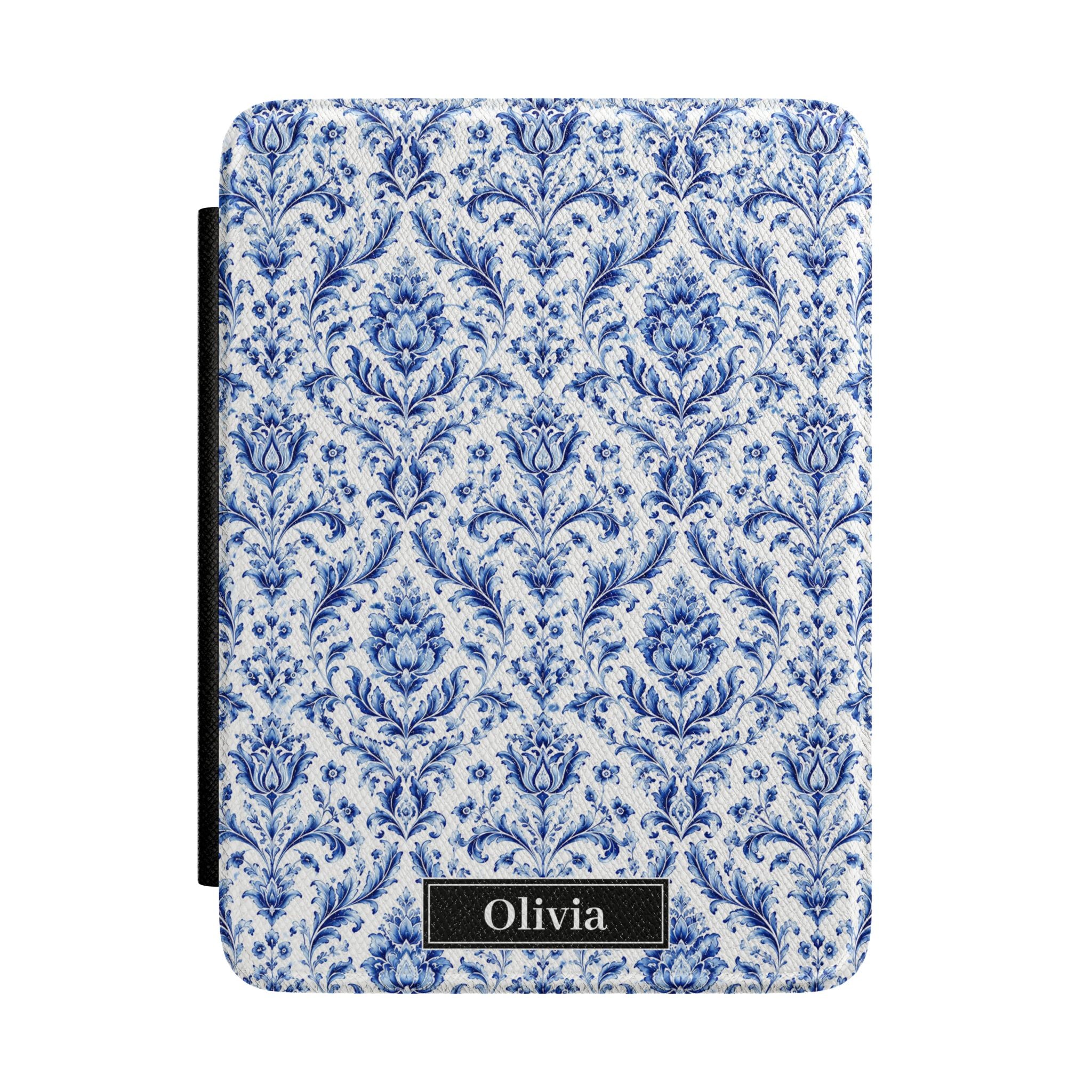 Blue and white damask personalized Kindle cover - Delft chinoiserie floral pattern with ornamental tulips and scrolling foliage with custom initials in black nameplate