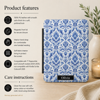 Blue and white damask Kindle cover side view - slim protective case with chinoiserie pattern and custom initials for Paperwhite 2024