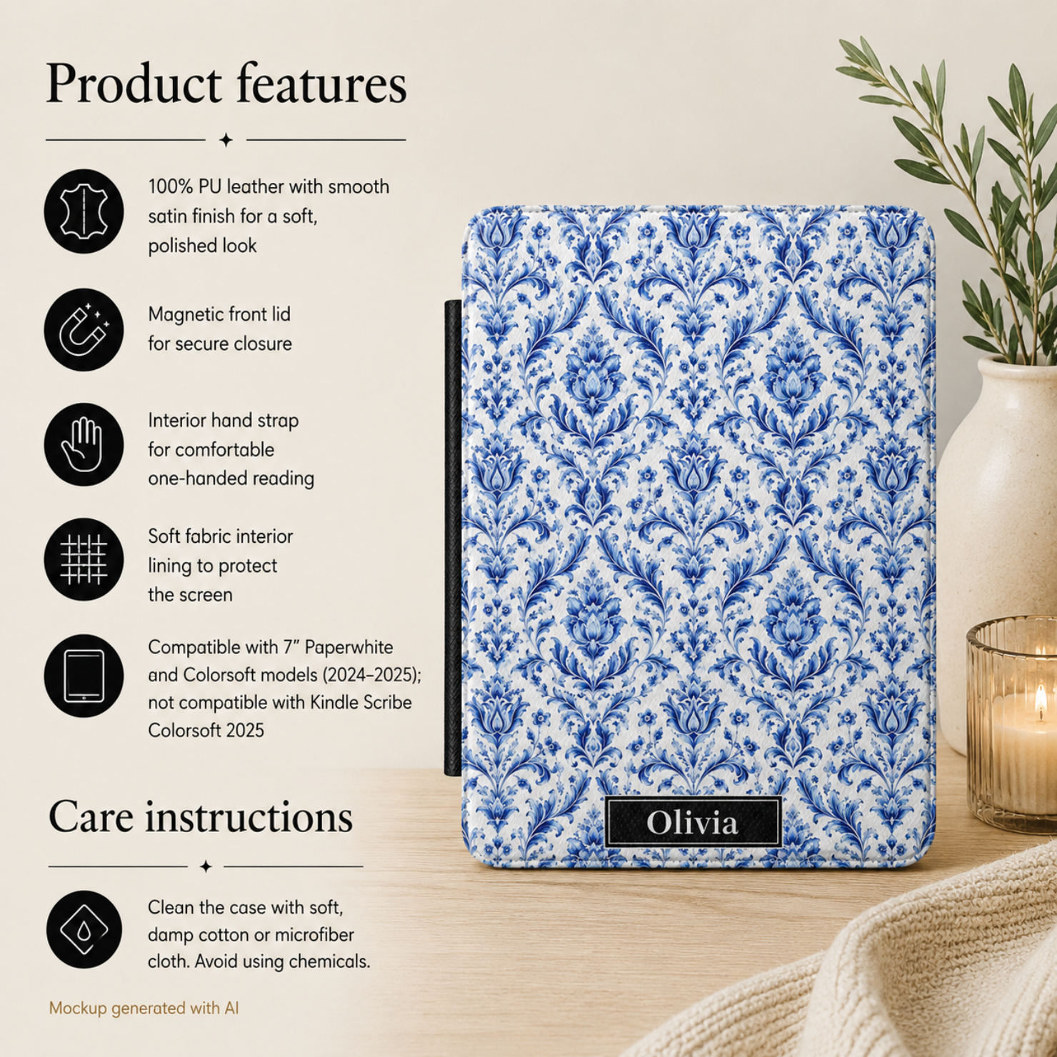 Blue and white damask Kindle cover side view - slim protective case with chinoiserie pattern and custom initials for Paperwhite 2024