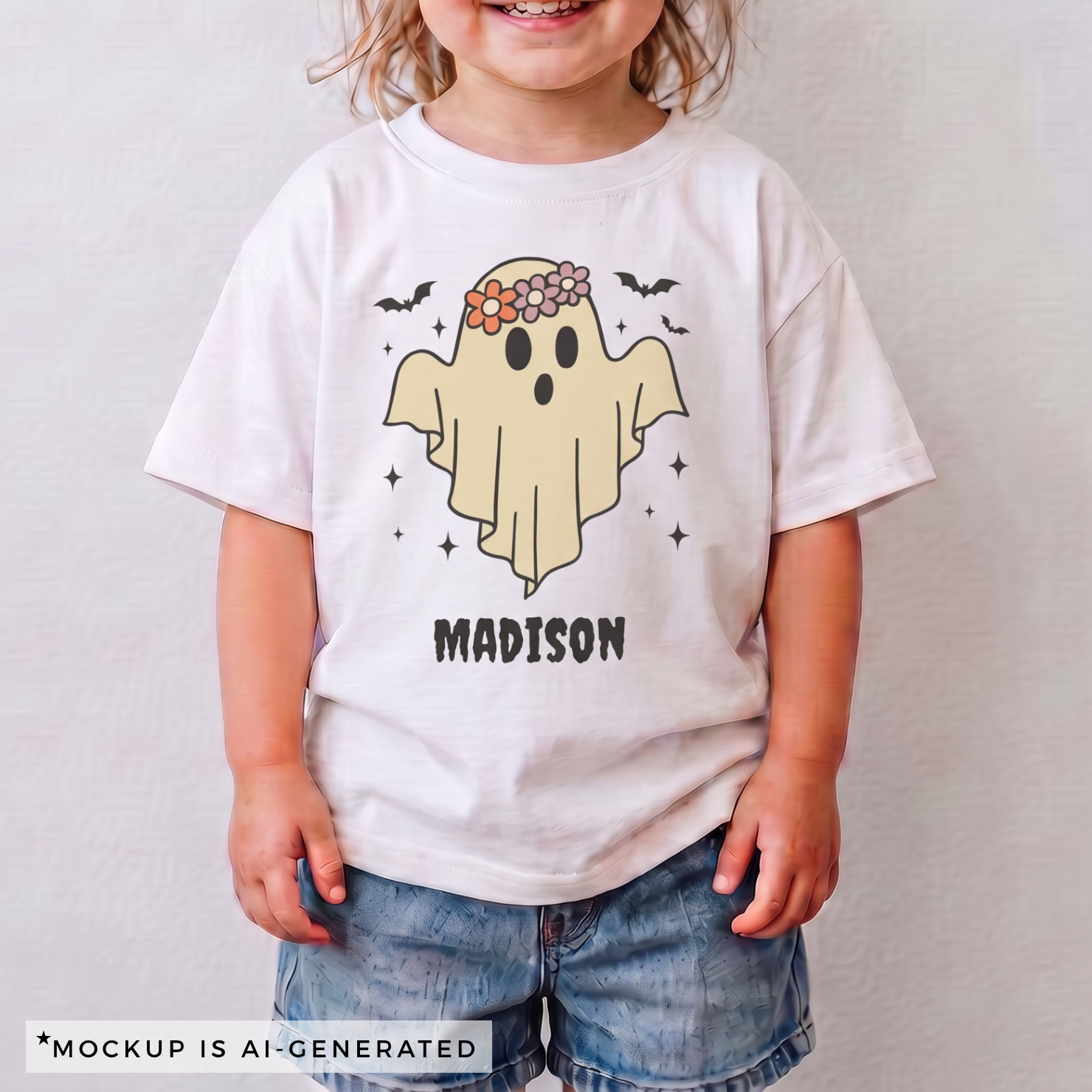 Close-up of boho ghost Halloween shirt design - cream ghost with orange and lilac flower crown bats and sparkle stars