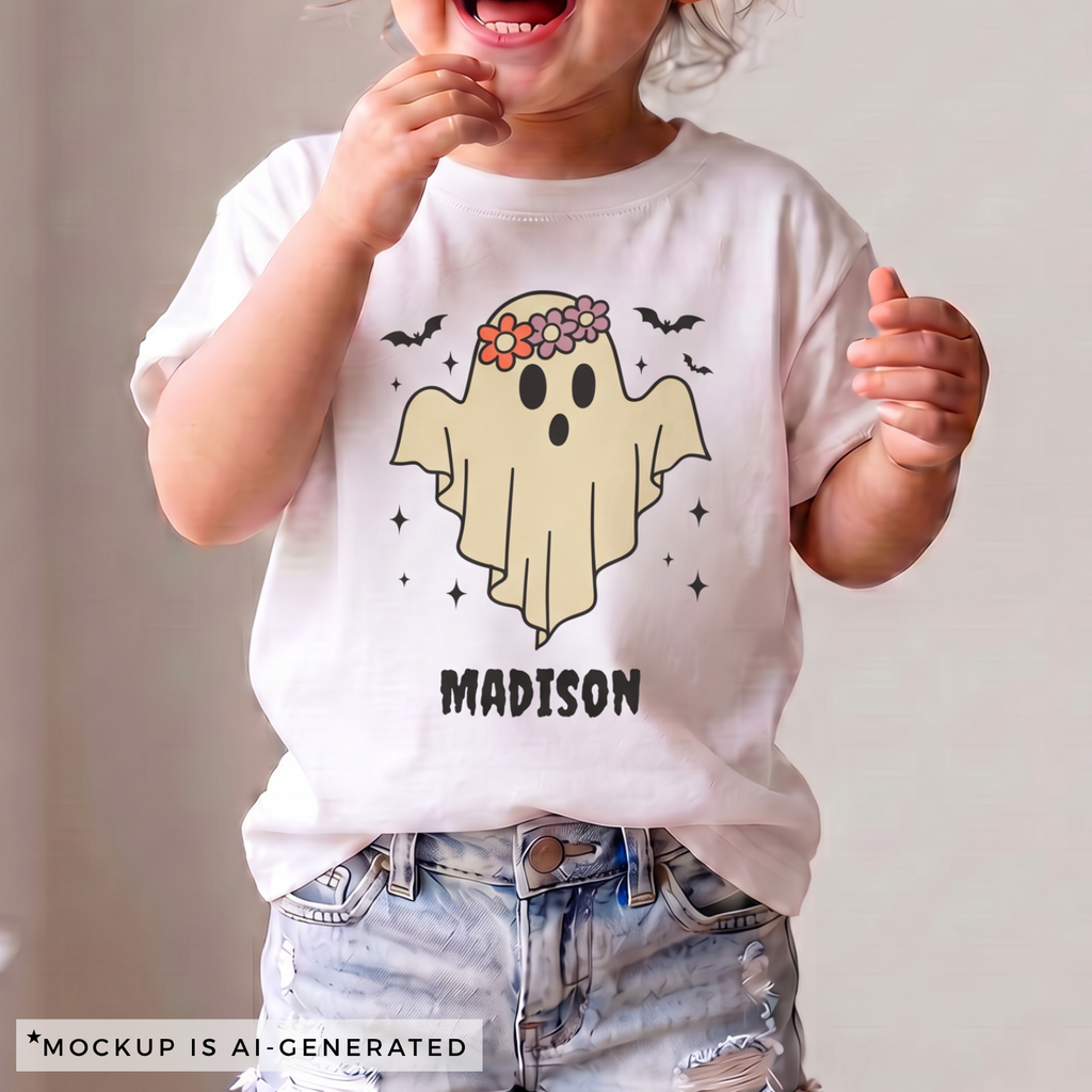 Boho ghost Halloween shirt flat lay in white - earthy cream ghost with floral crown and personalized name below in black spooky font