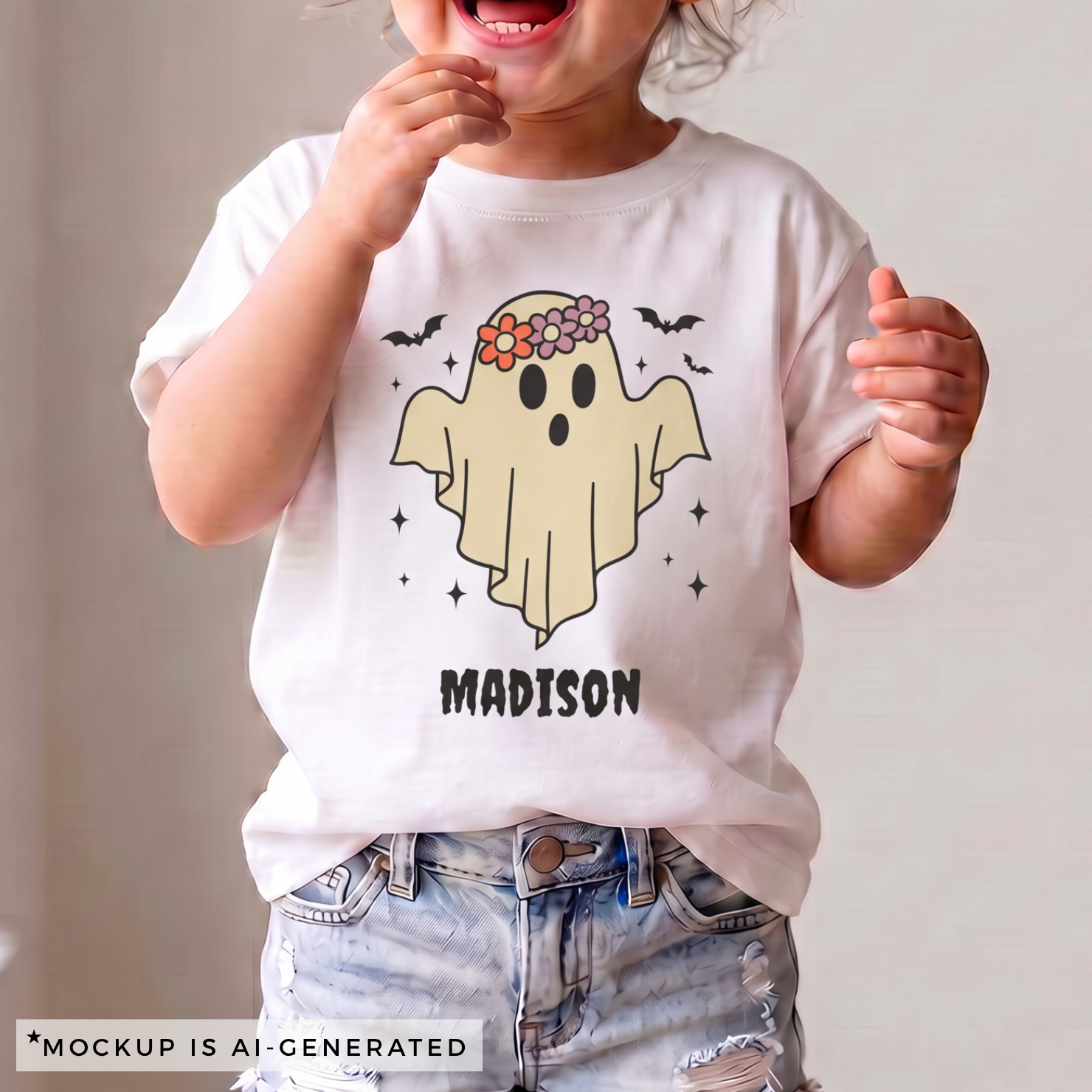 Boho ghost Halloween shirt flat lay in white - earthy cream ghost with floral crown and personalized name below in black spooky font