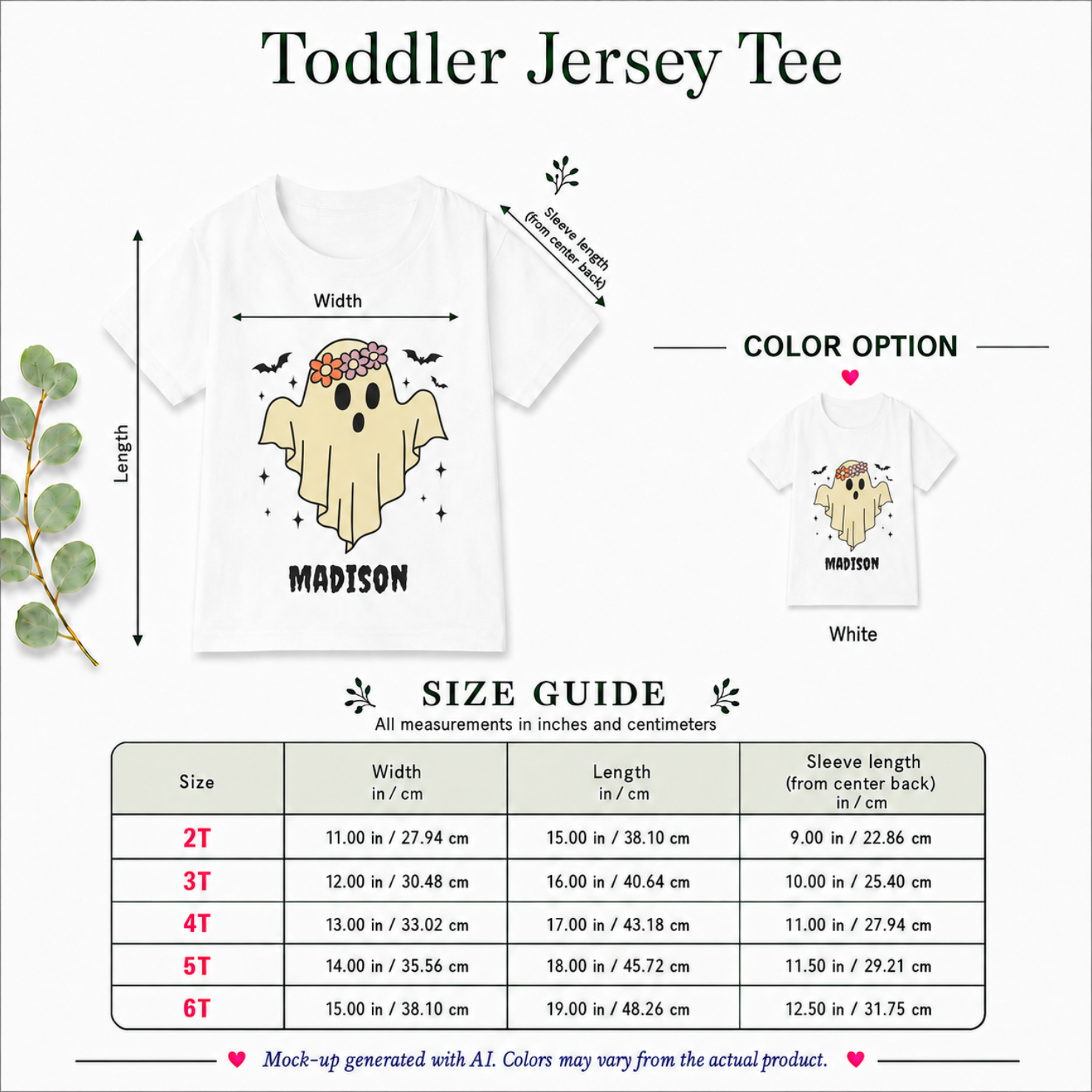 Boho ghost Halloween shirt size guide - personalized toddler tee available in 2T 3T 4T 5T and 6T in white