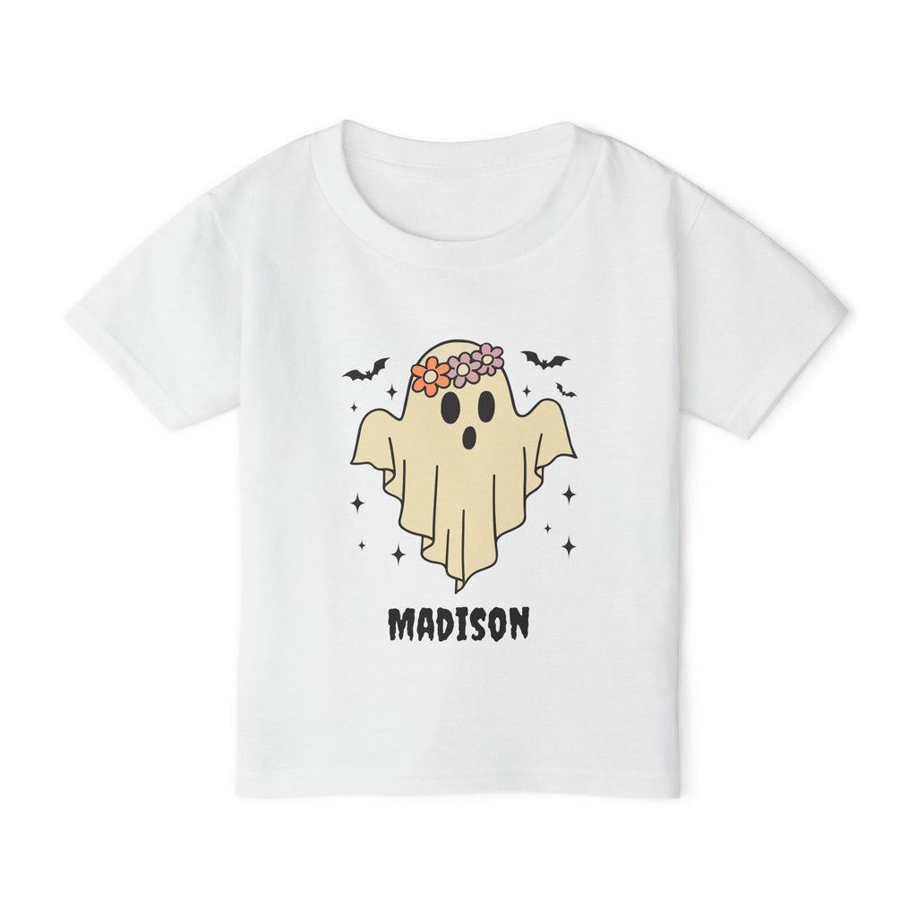 Boho ghost Halloween personalized toddler shirt in white - cream ghost with flower crown orange and lilac daisies bats sparkles and custom name in spooky font