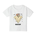 Boho ghost Halloween personalized toddler shirt in white - cream ghost with flower crown orange and lilac daisies bats sparkles and custom name in spooky font