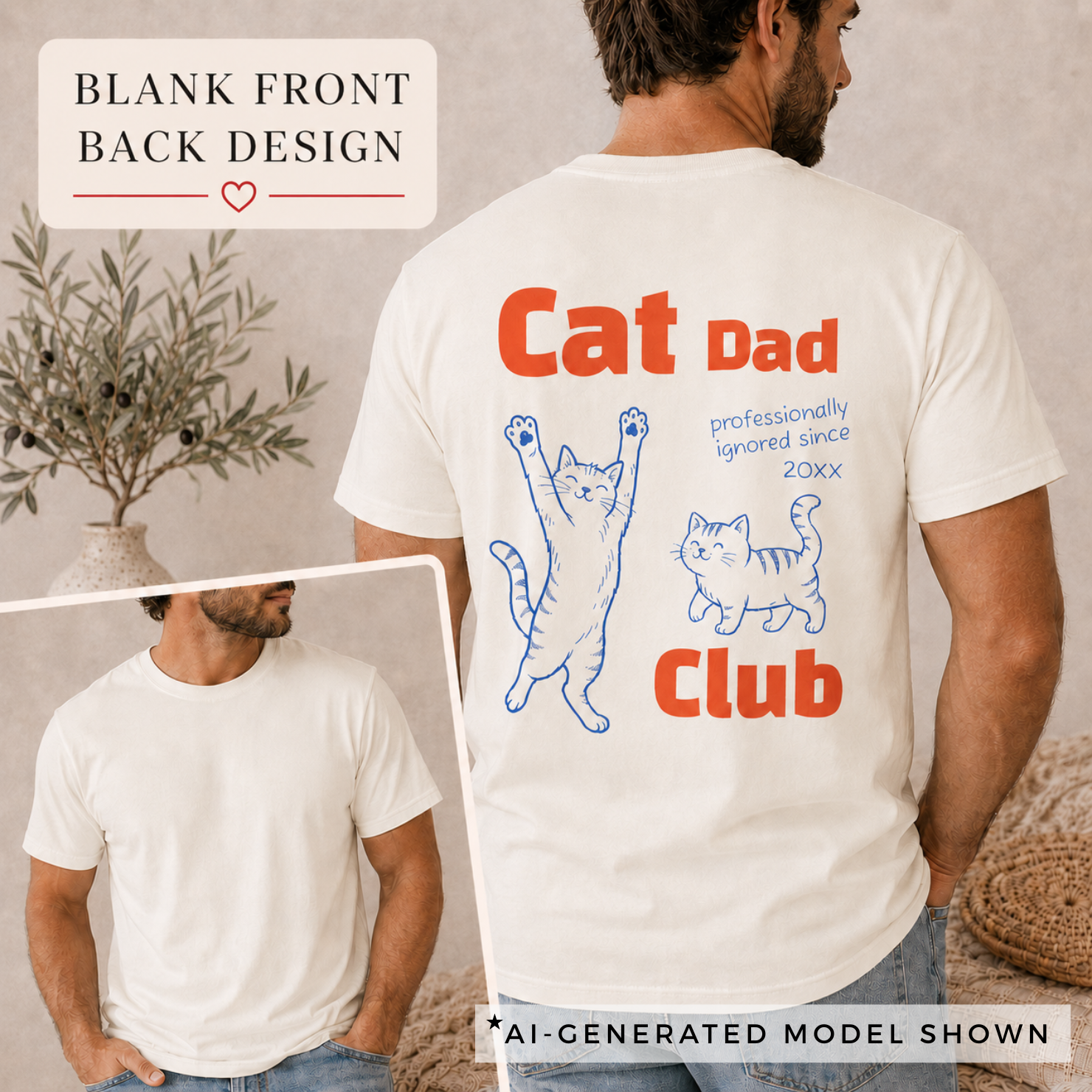 Cat Dad Club shirt back print on ivory Comfort Colors with two cat illustrations and personalized year