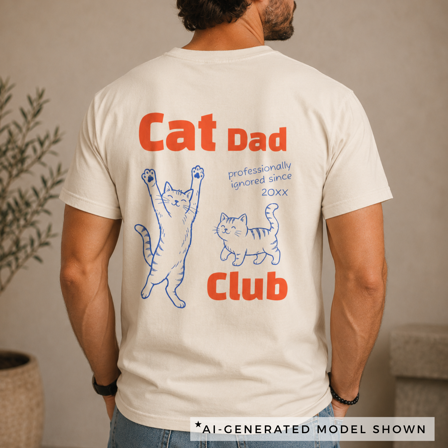 Close-up of Cat Dad Club back print with professionally ignored since custom year