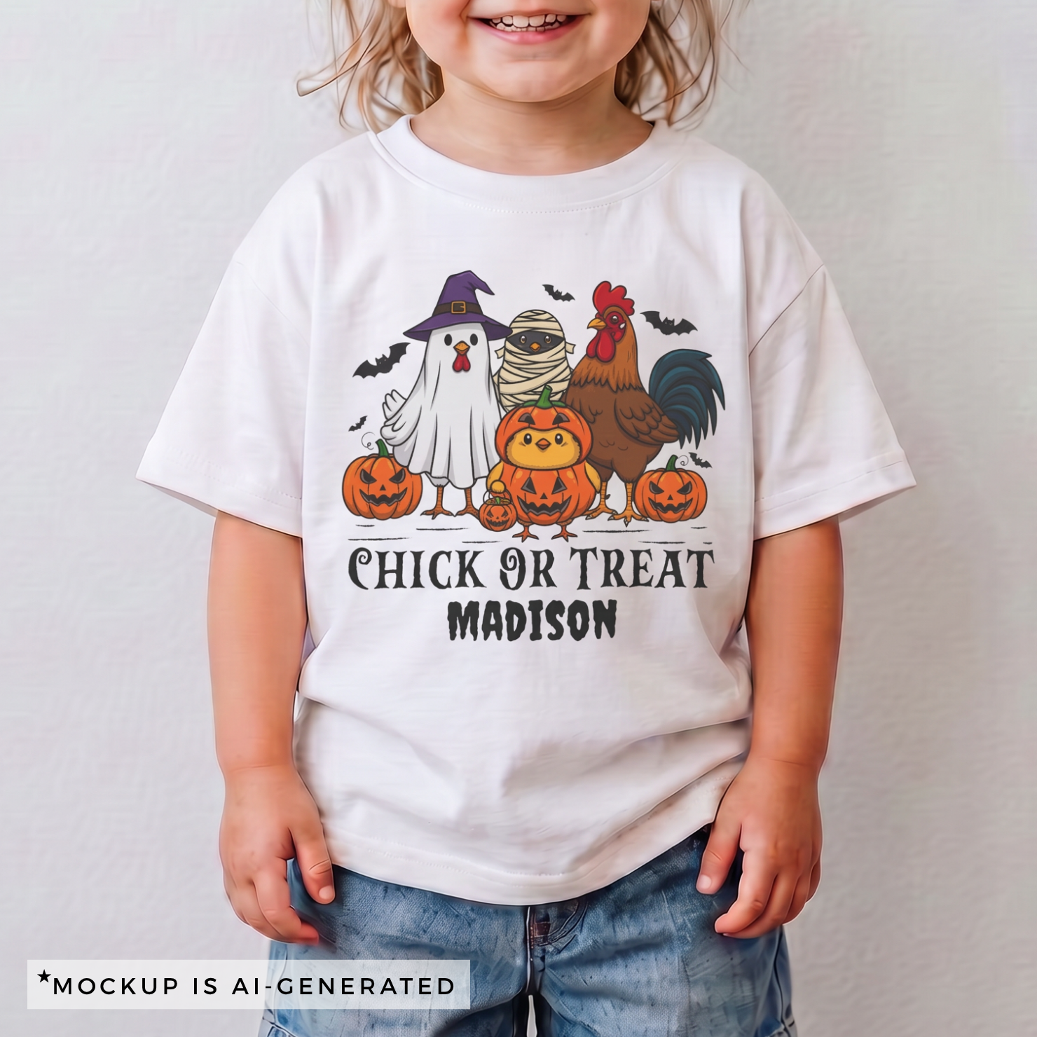 Close-up of Chick or Treat Halloween shirt design - ghost chicken in witch hat mummy chick pumpkin chick and rooster with jack-o-lanterns
