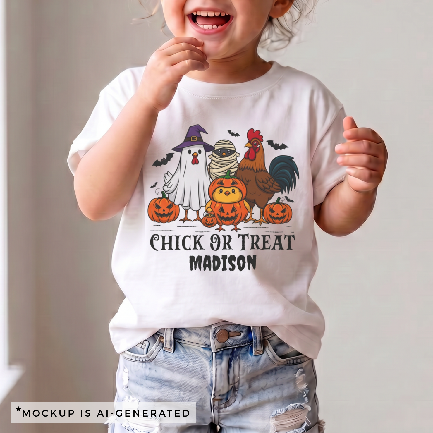 Chick or Treat Halloween shirt flat lay in white - spooky chicken illustration with pumpkins bats and personalized name below