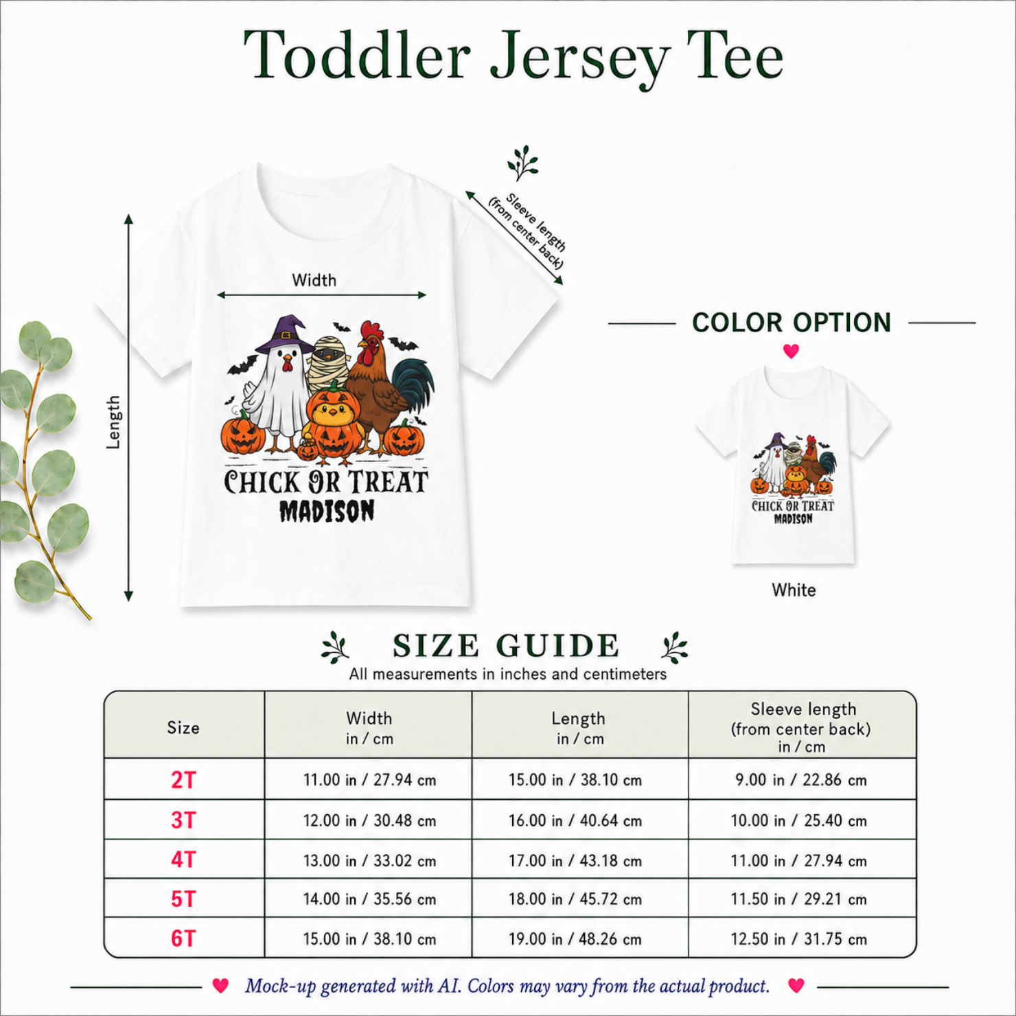 Chick or Treat Halloween shirt size guide - personalized toddler tee available in 2T 3T 4T 5T and 6T in white