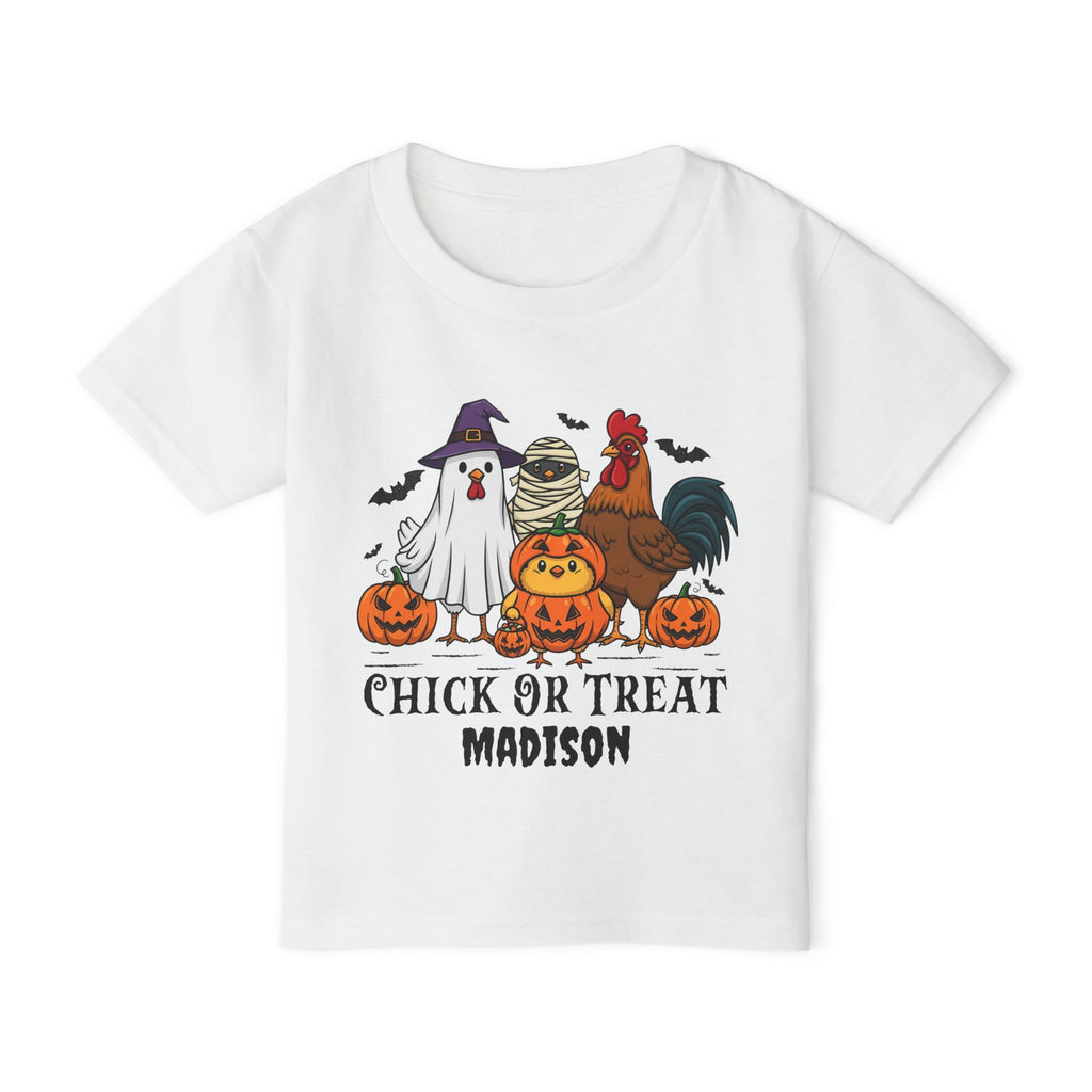 Chick or Treat personalized Halloween toddler shirt in white - funny chicken ghost mummy and pumpkin chick with jack-o-lanterns bats and custom name in spooky font