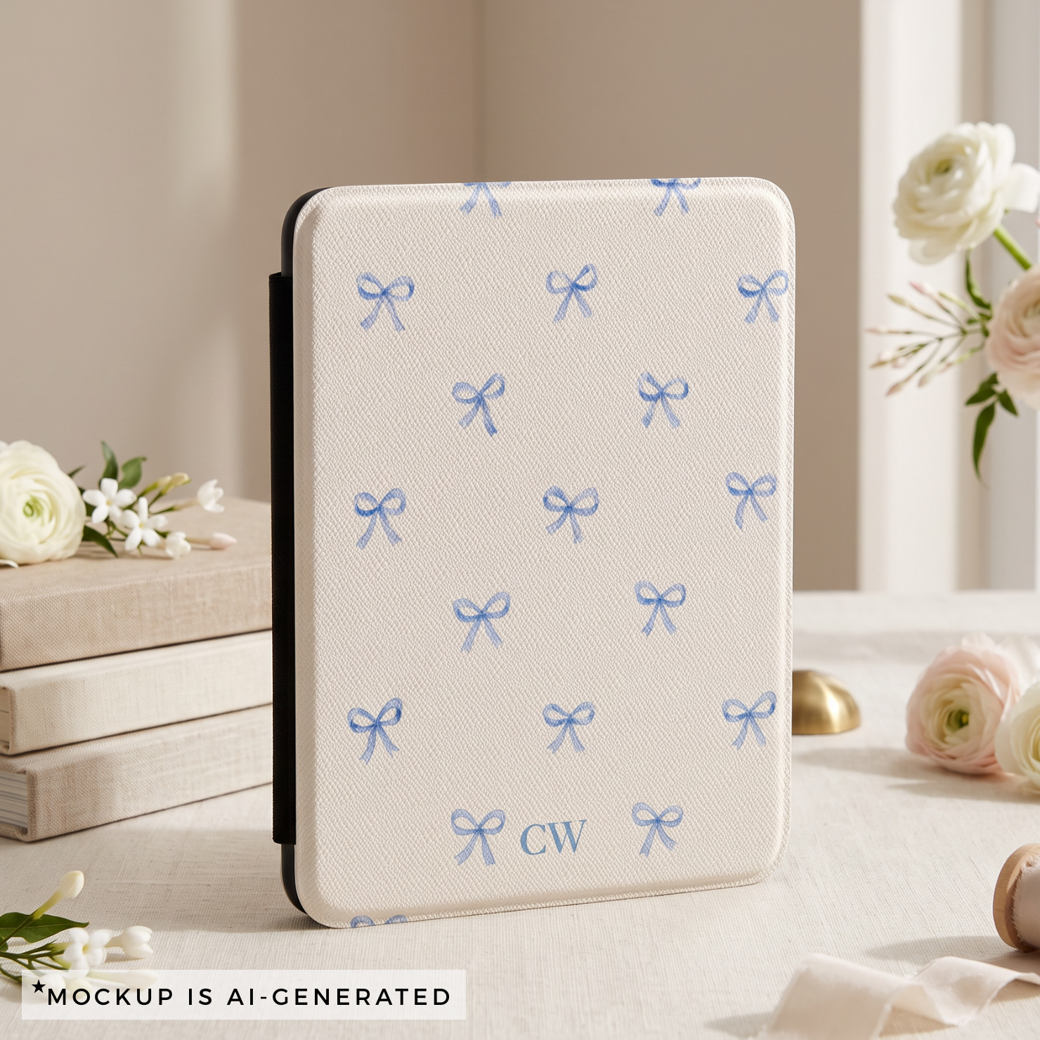 Close-up of coquette blue bow Kindle cover - delicate watercolor ribbon bow pattern on clean cream background