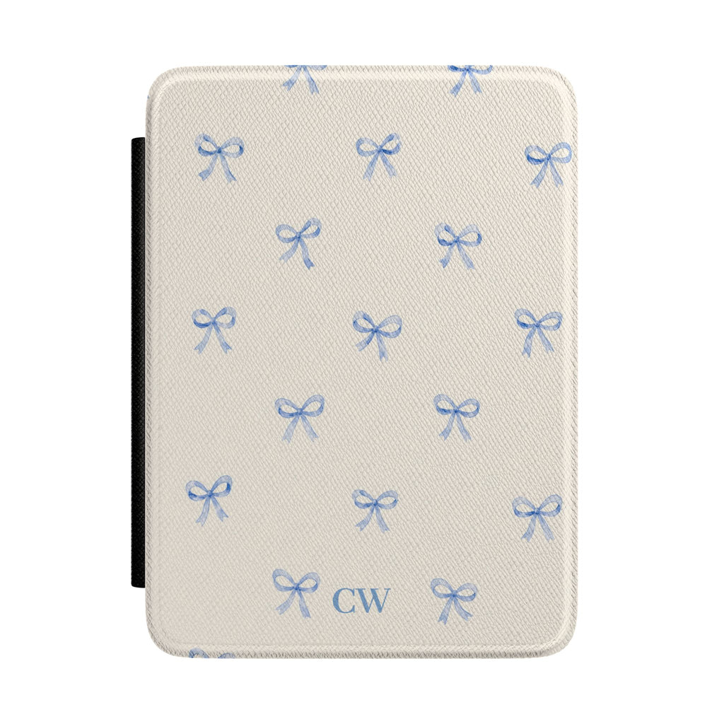 Coquette blue bow personalized Kindle cover - watercolor blue ribbon bows on cream background with custom initials in blue