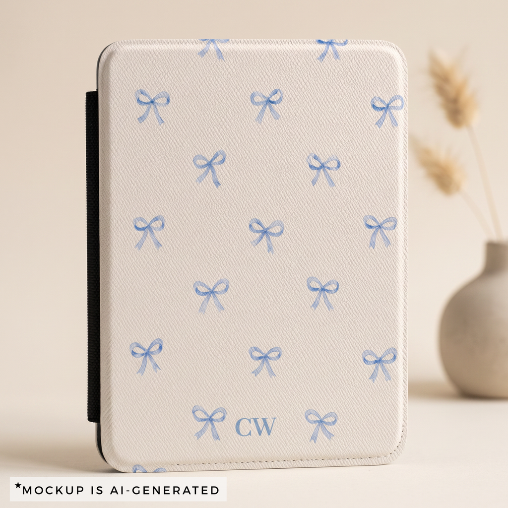 Personalized blue bow Kindle cover initials detail - custom initials in soft blue on coquette bow pattern