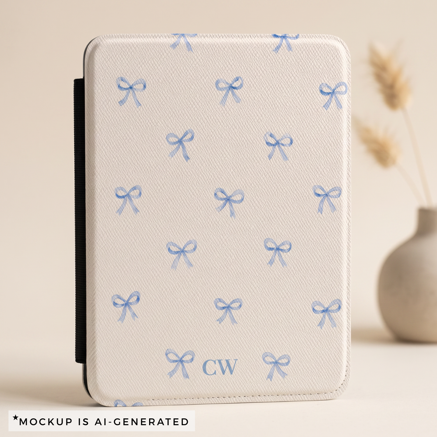 Personalized blue bow Kindle cover initials detail - custom initials in soft blue on coquette bow pattern
